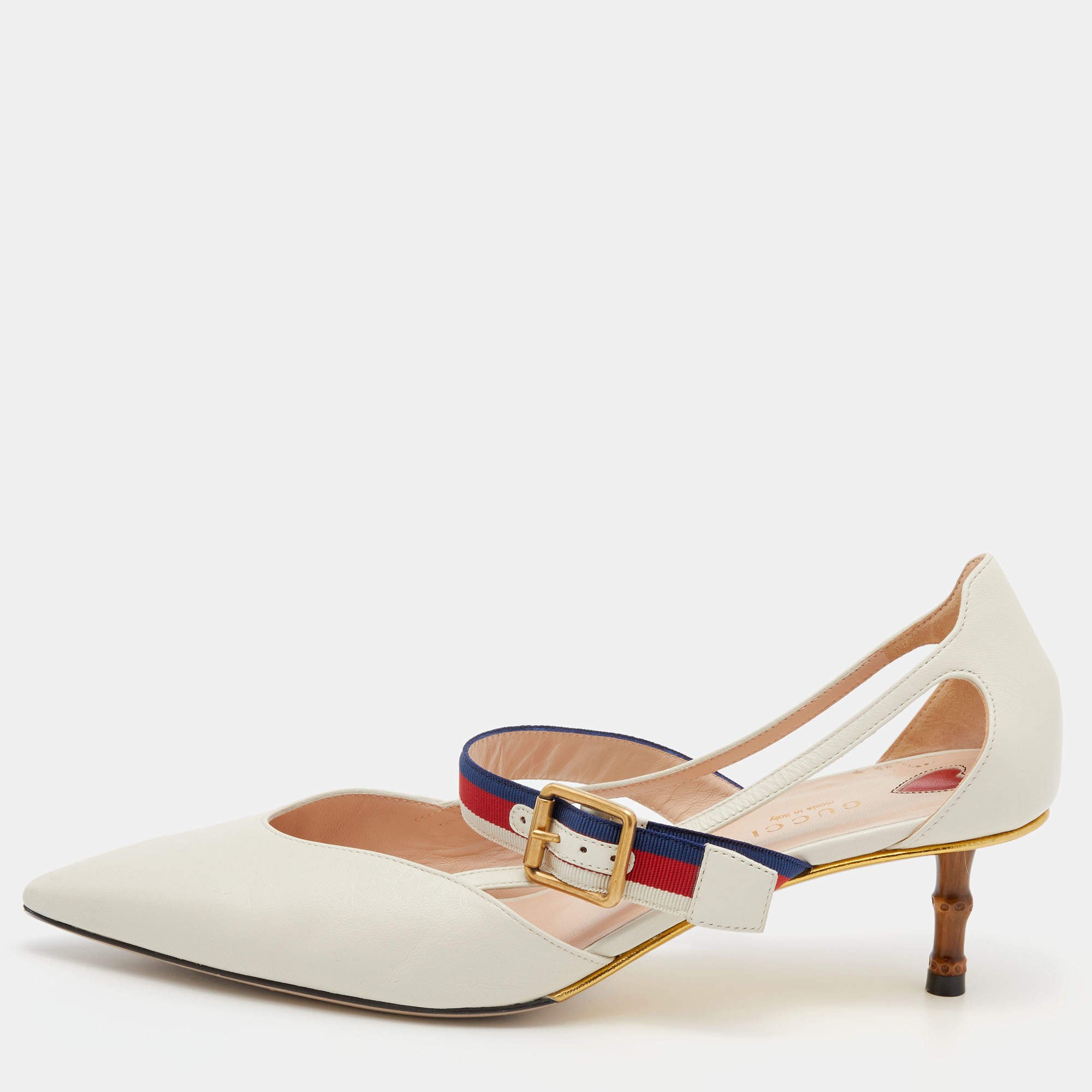 مملوكة مسبقًا Gucci Off-White Leather Sylvie Web Strap Bamboo Heel Unia Pumps Size 39.5