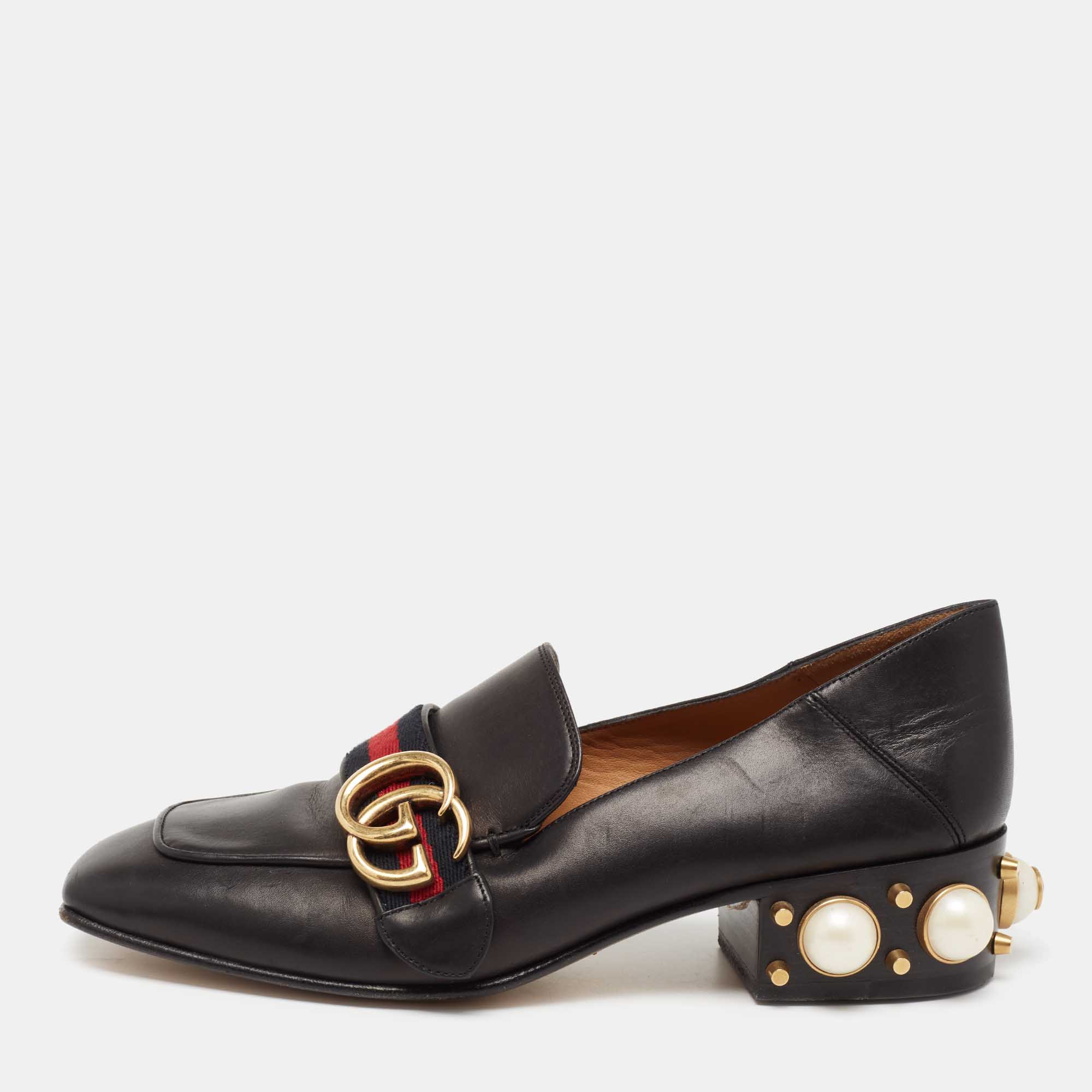 Pre Owned حذاء كعب عالي غوتشي بيتون لوفر جلد أسود جي جي مارمونت ويب مزخرف لؤلؤ صناعي مقاس 36