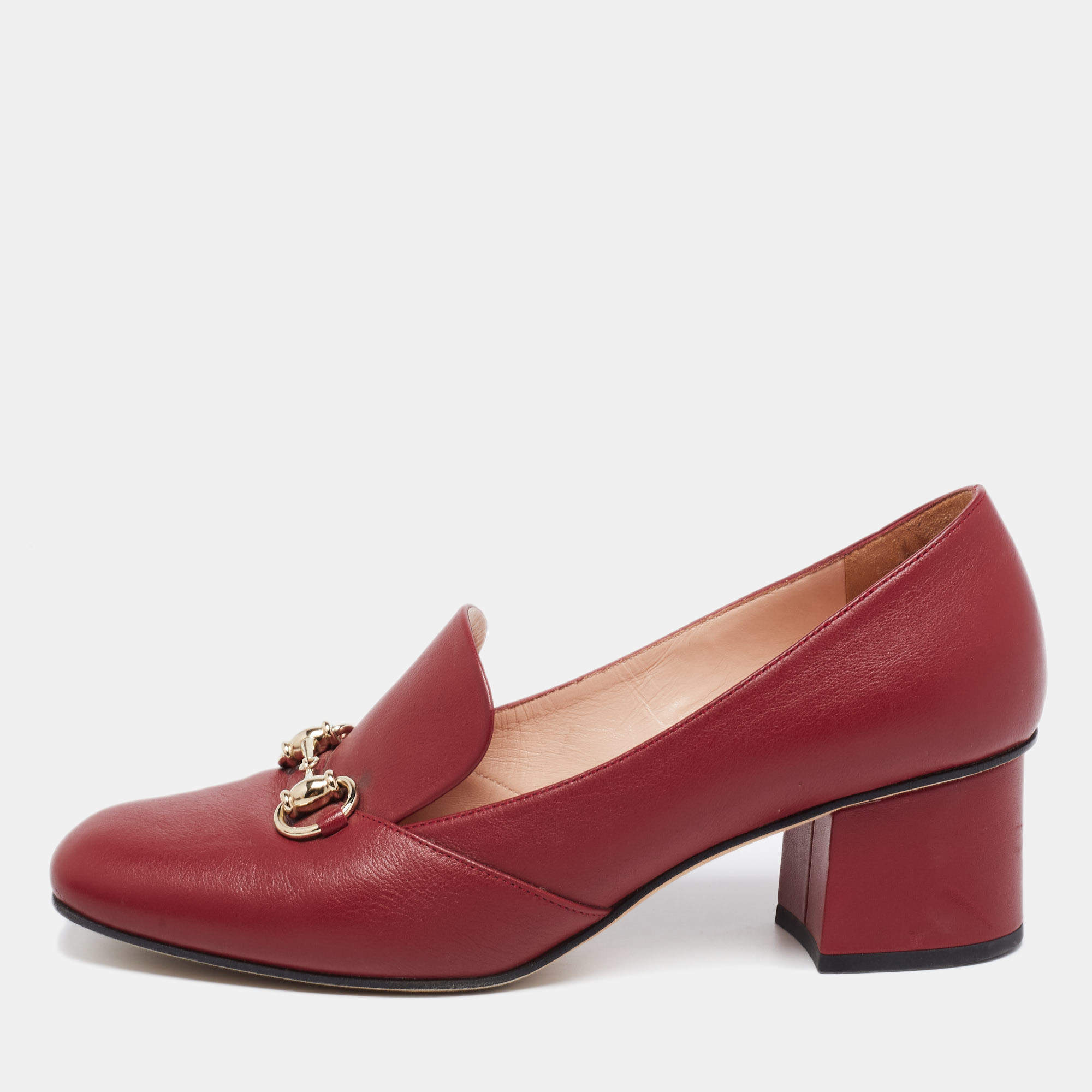 Pre Owned Gucci Burgundy Leather Horsebit Block Heel Pumps Size 40