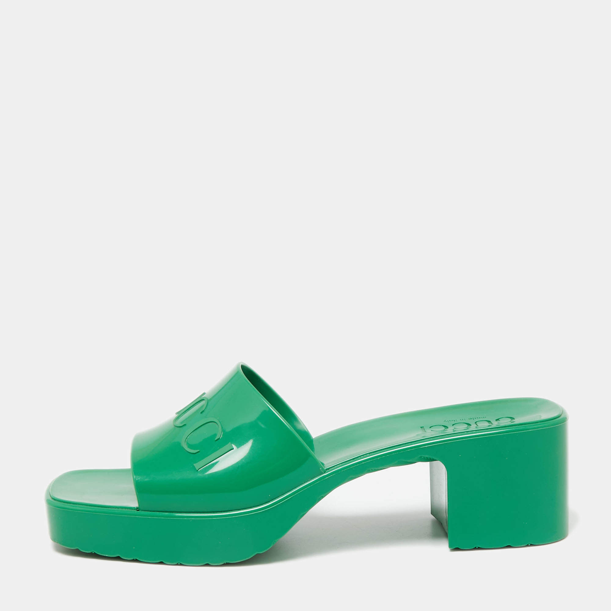 Pre Owned Gucci Green Rubber Embossed Logo Block Heel Slide Sandals Size 37