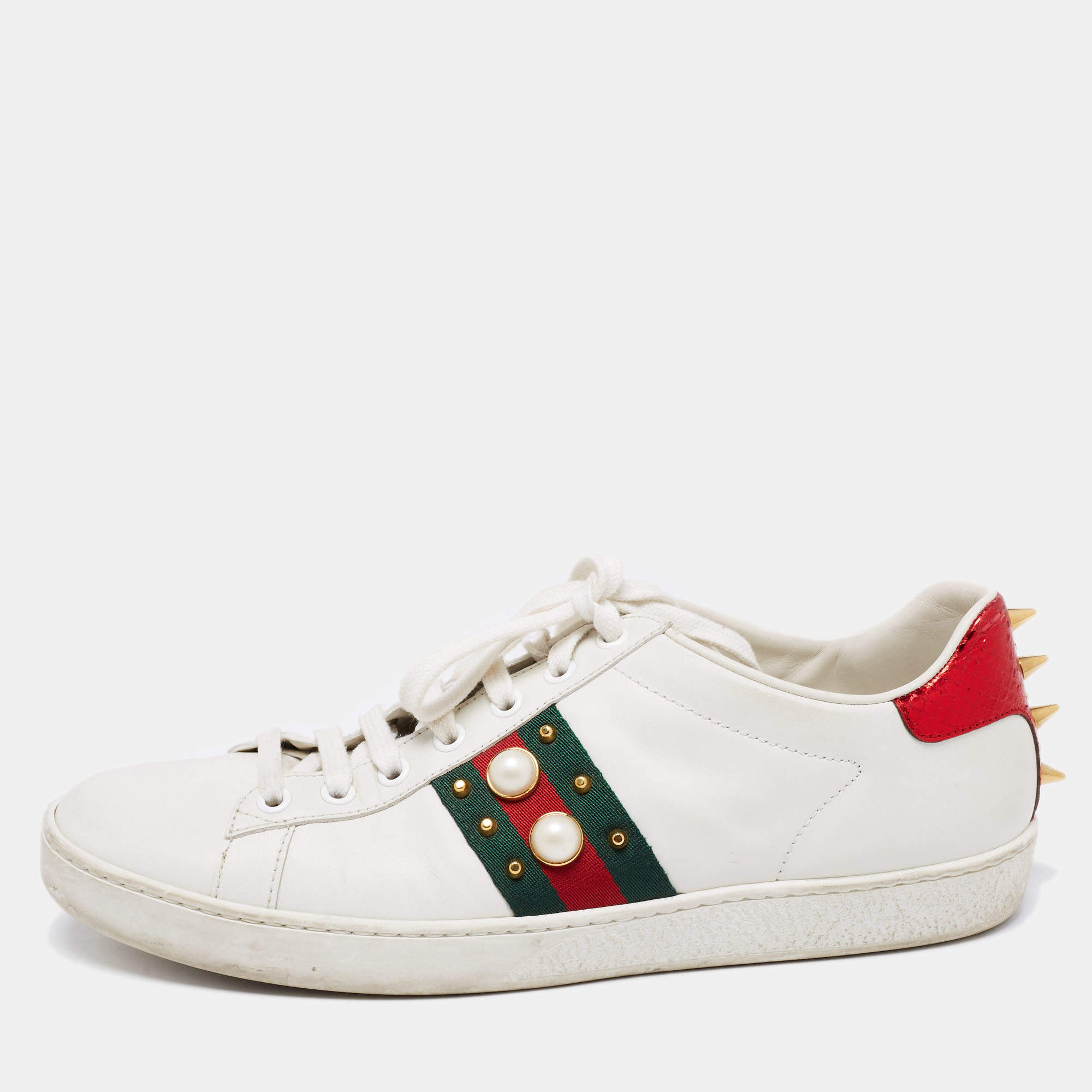 Pre Owned Gucci White Leather Studded Ace Low Top Sneakers Size 39.5 