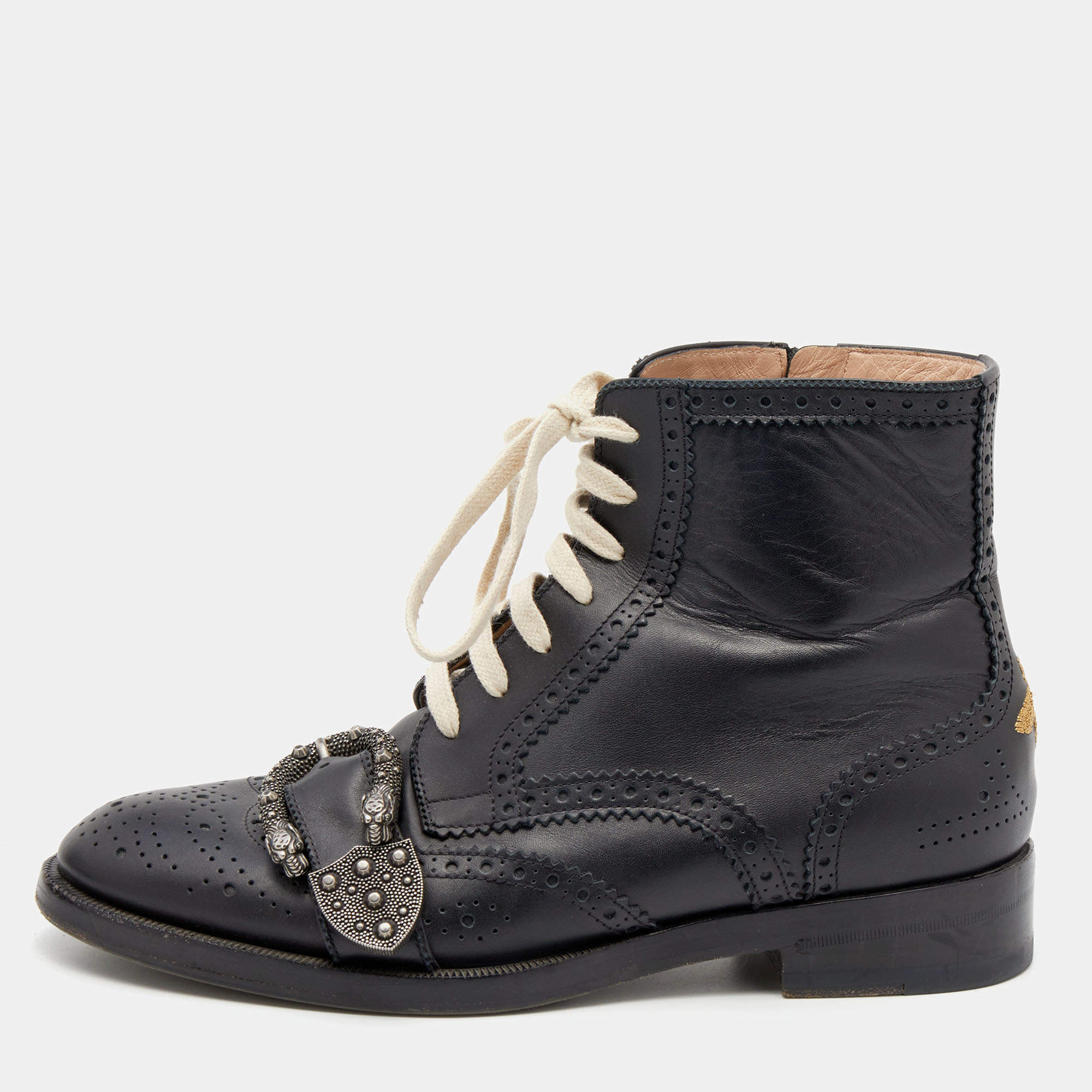 Pre Owned Gucci Black Leather Dionysus Brogue Ankle Length Boots Size 39