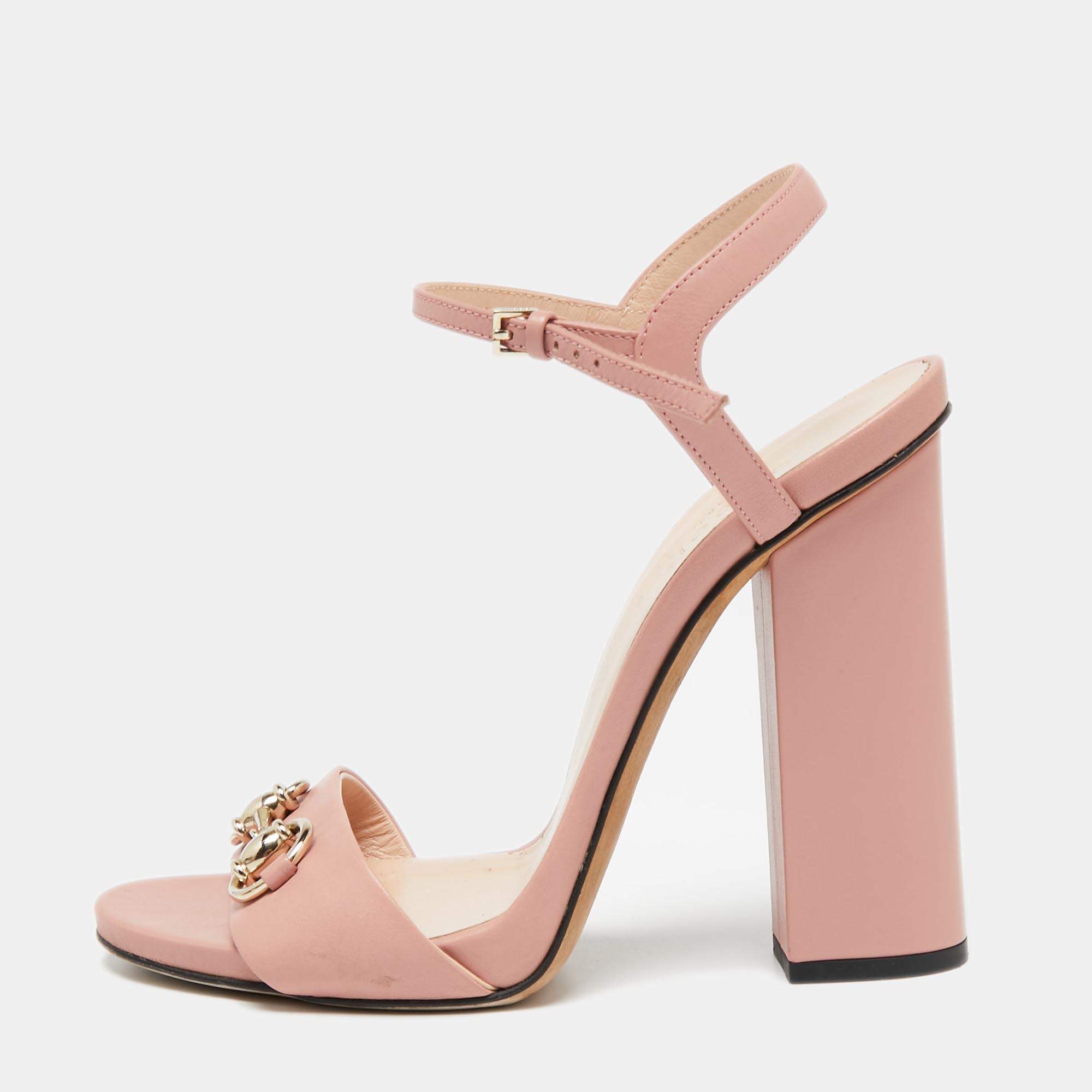 Pre Owned Gucci Pink Leather Horsebit Ankle-Strap Sandals Size 37.5