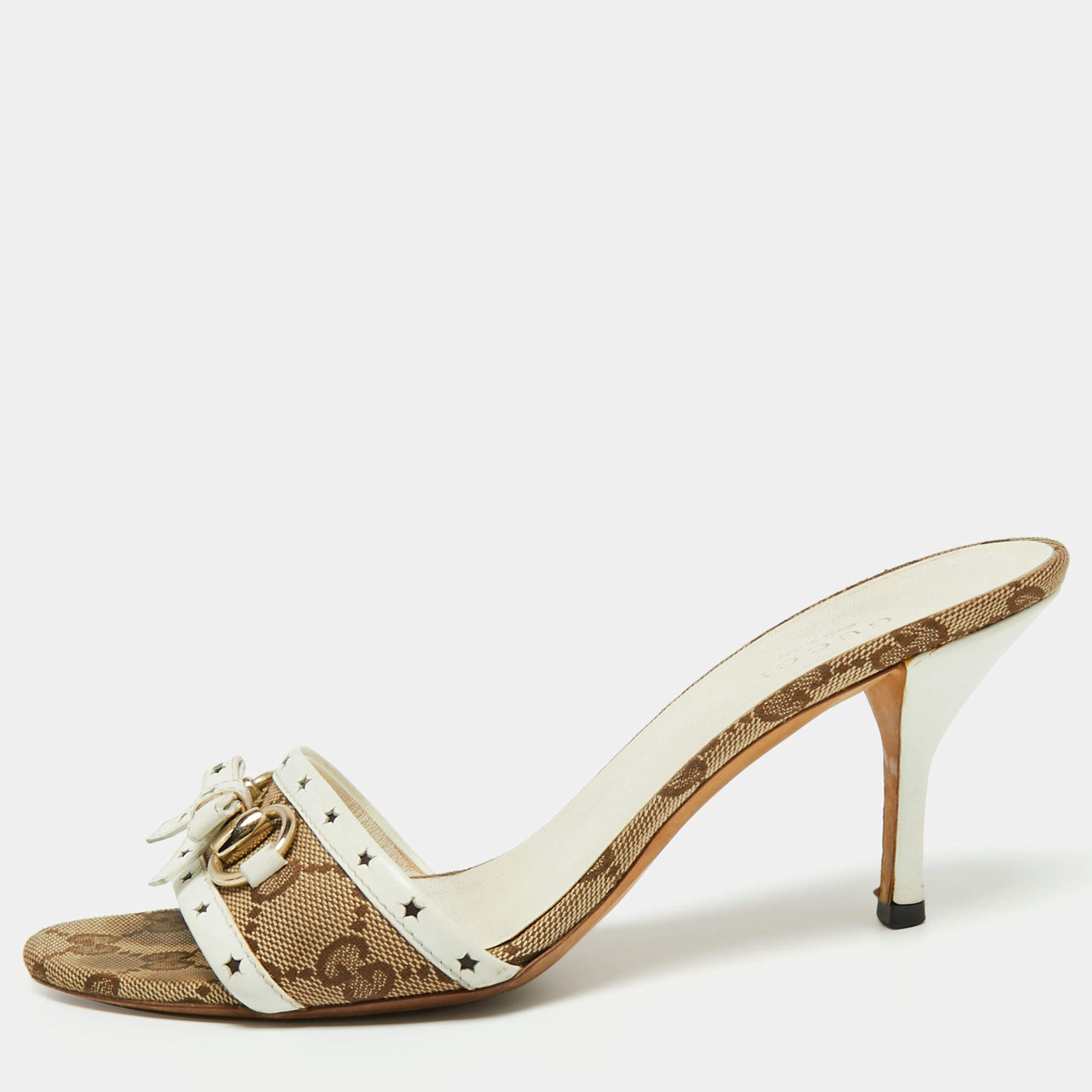 Pre Owned Gucci Brown/White GG Canvas and Leather Bow Detail Horsebit Slide Sandals Size 36.5