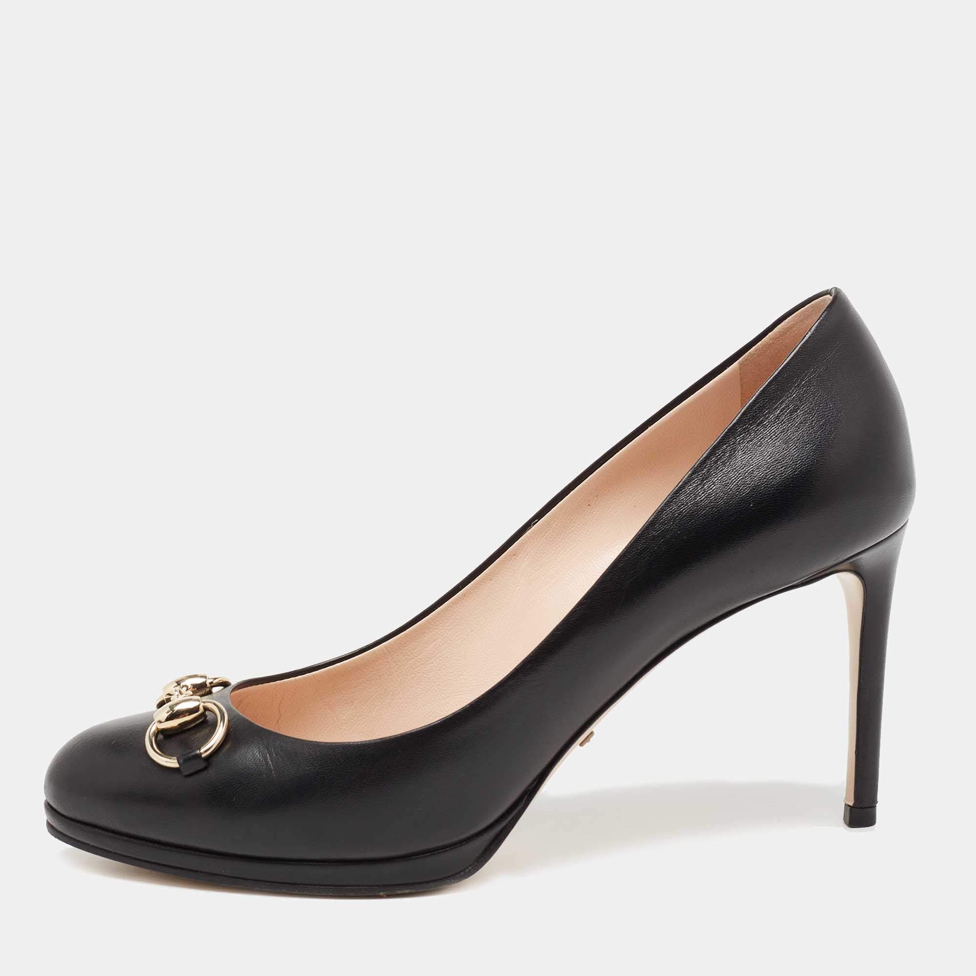 Pre Owned Gucci Black Leather Horsebit Accent Pumps Size 39