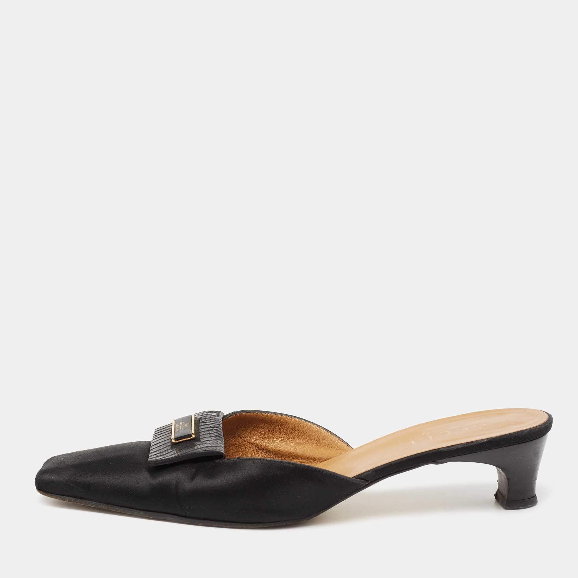 Pre Owned Gucci Black Satin Mule Sandals Size 39