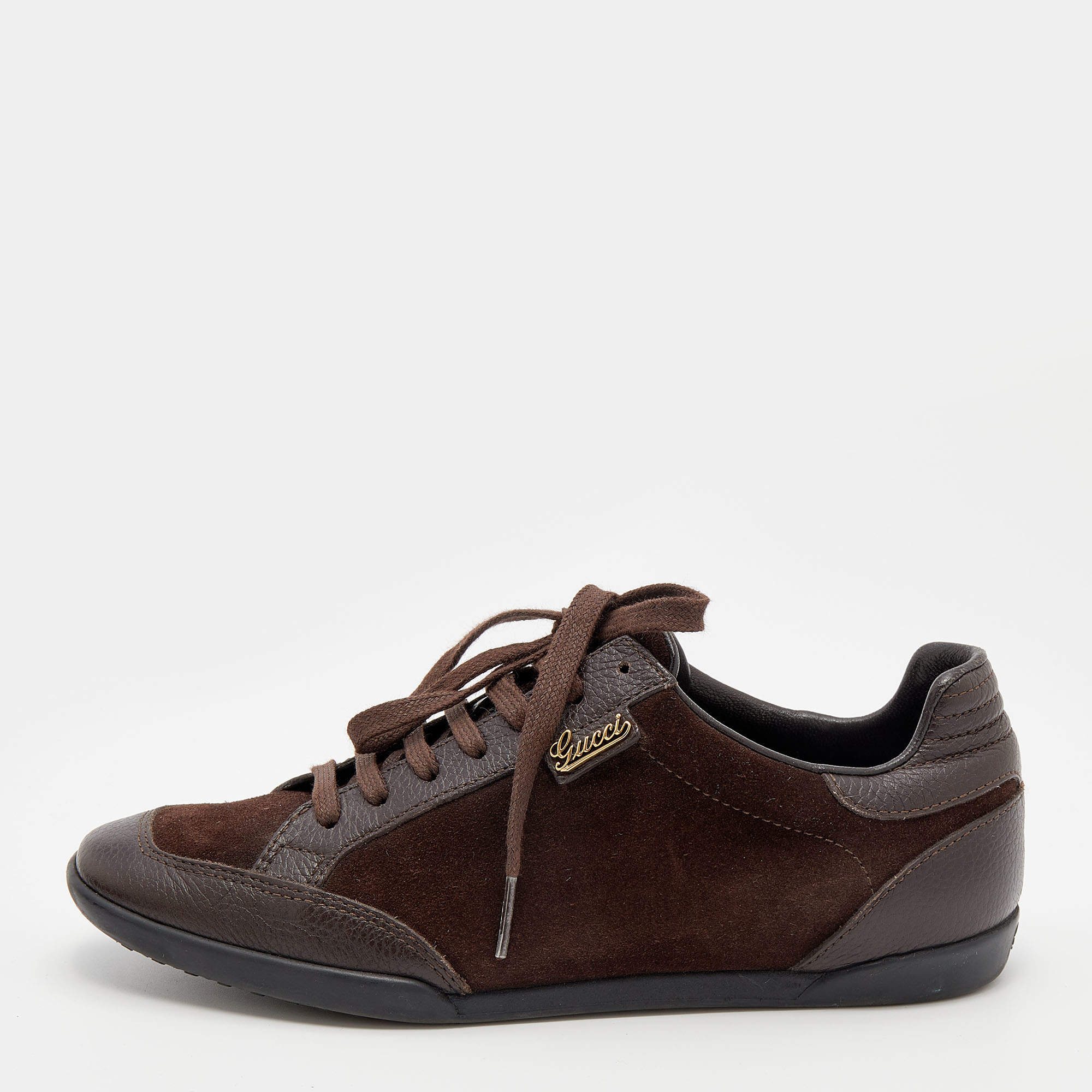مملوكة مسبقًا Gucci Dark Brown Suede and Leather Low Top Sneakers Size 36