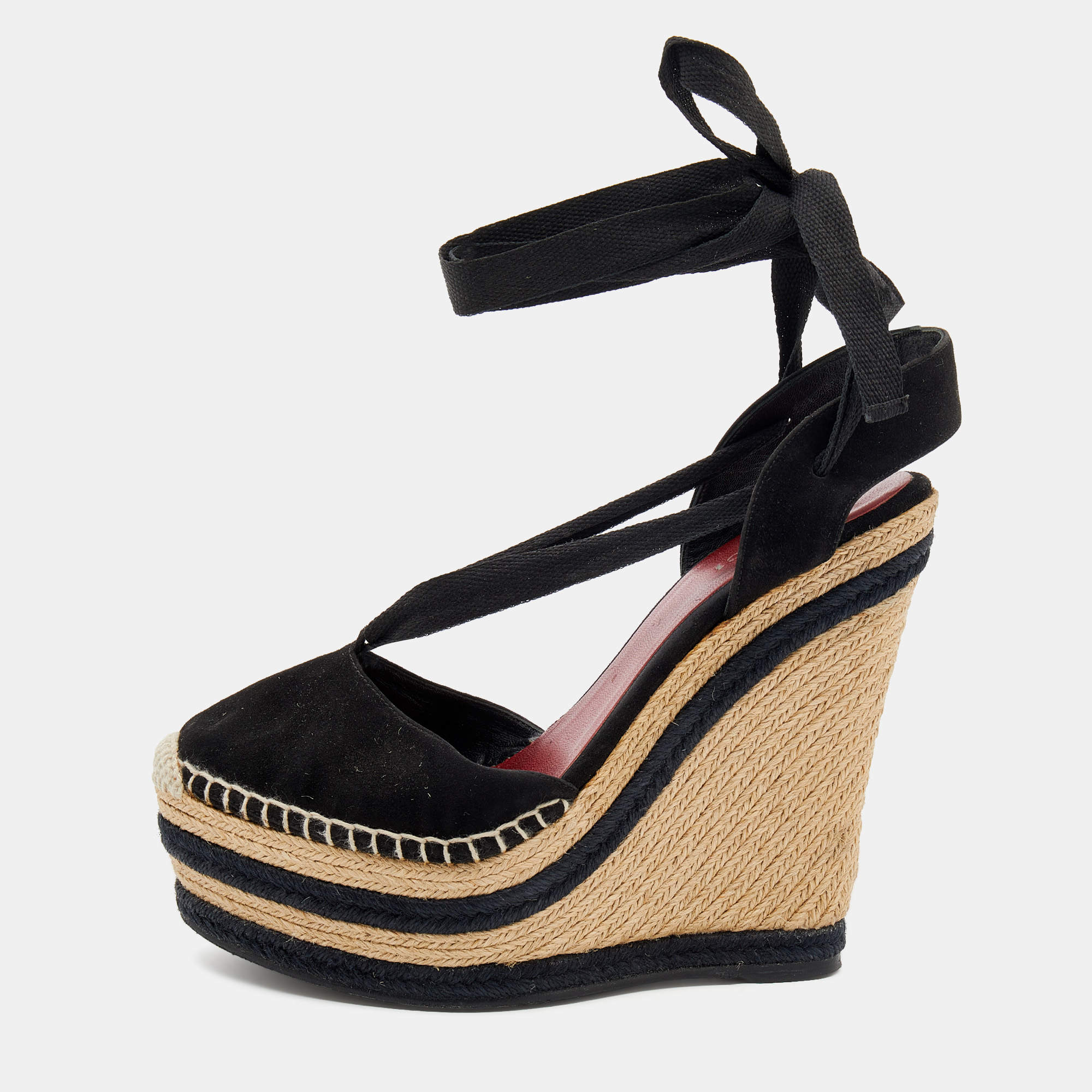 Pre Owned Gucci Black Suede Alexis Wrap Platform Wedge Sandals Size 38.5