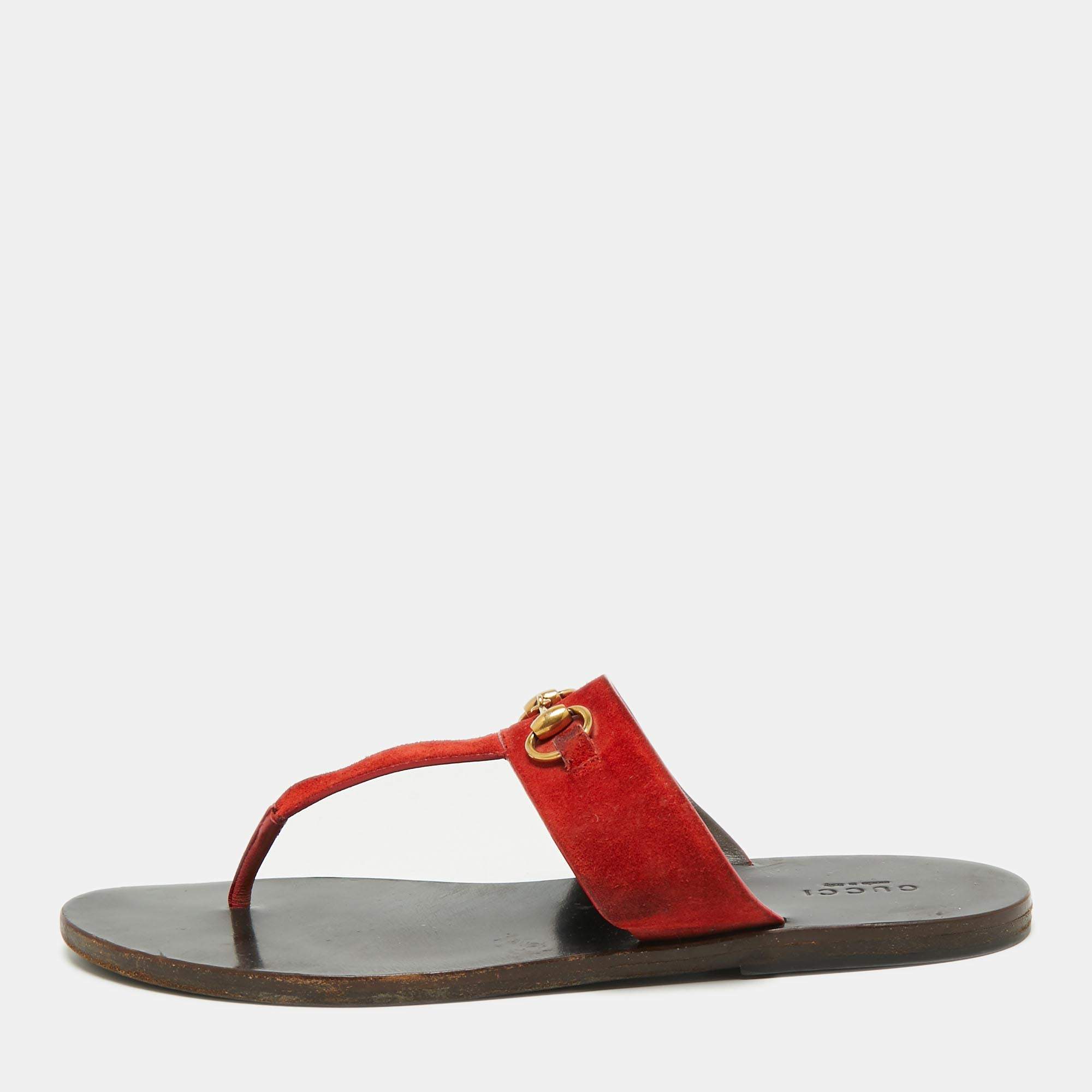 Pre Owned Gucci Red Suede Leather Horsebit Thong Sandals Size 39