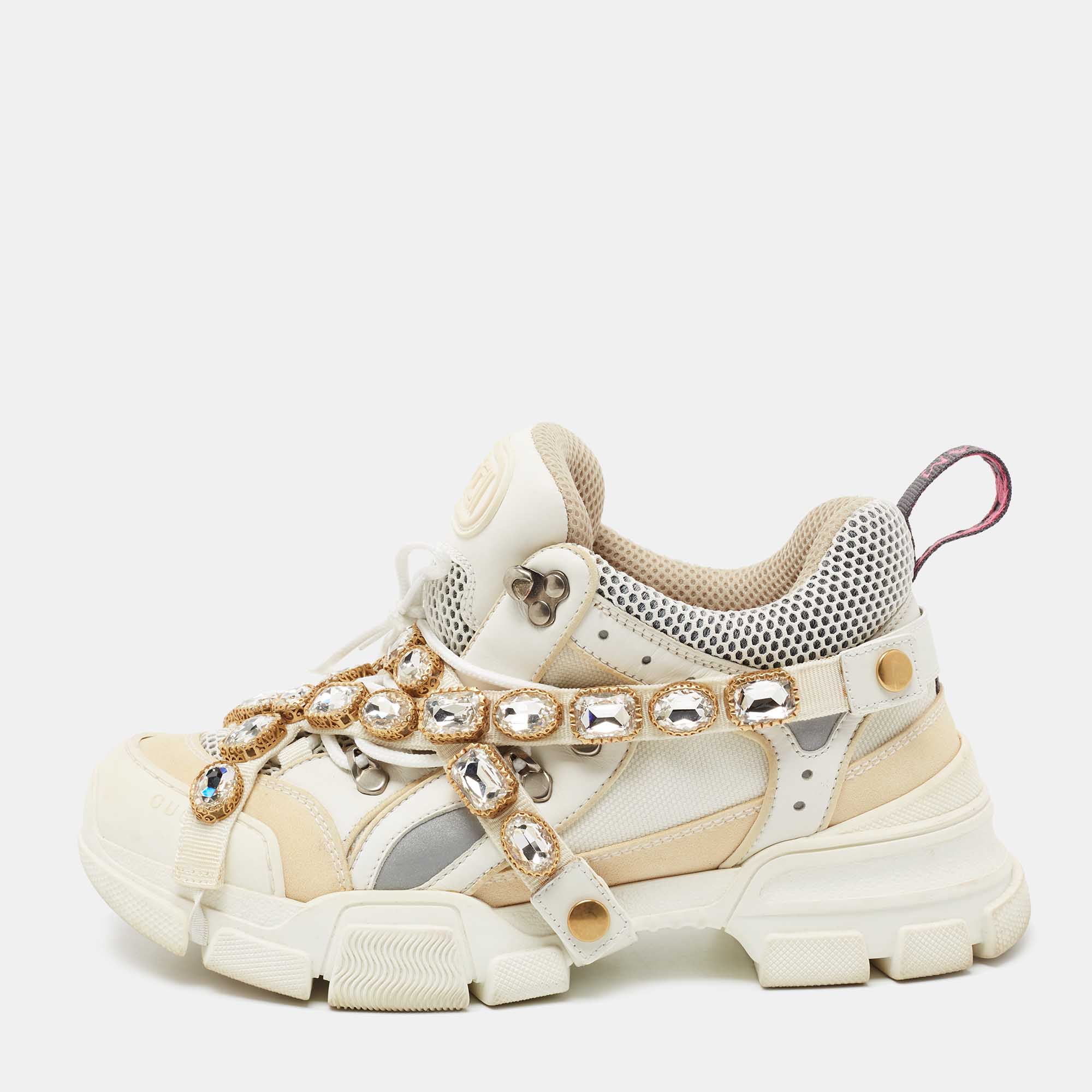 مملوكة مسبقًا Gucci White/Beige Leather And Mesh Leather Flashtrek Sneakers Size 40