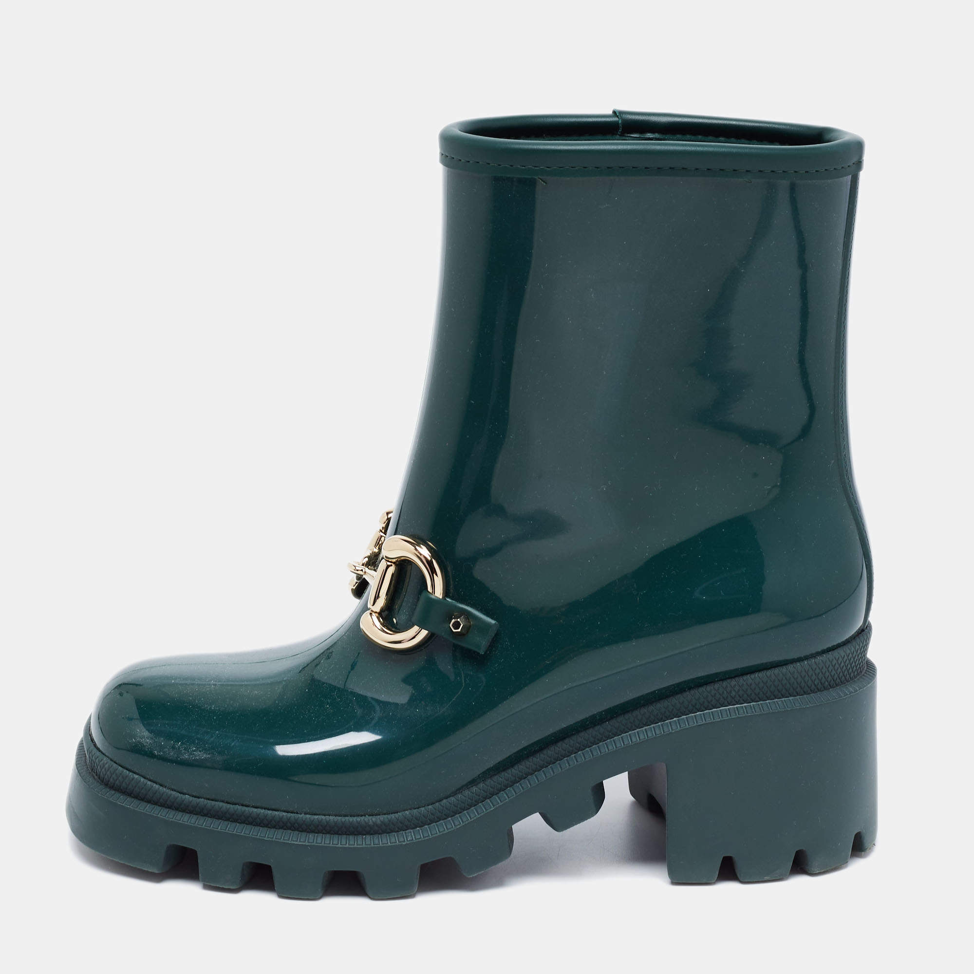 Pre Owned Gucci Green Rubber Horsebit Ankle Boots Size 35