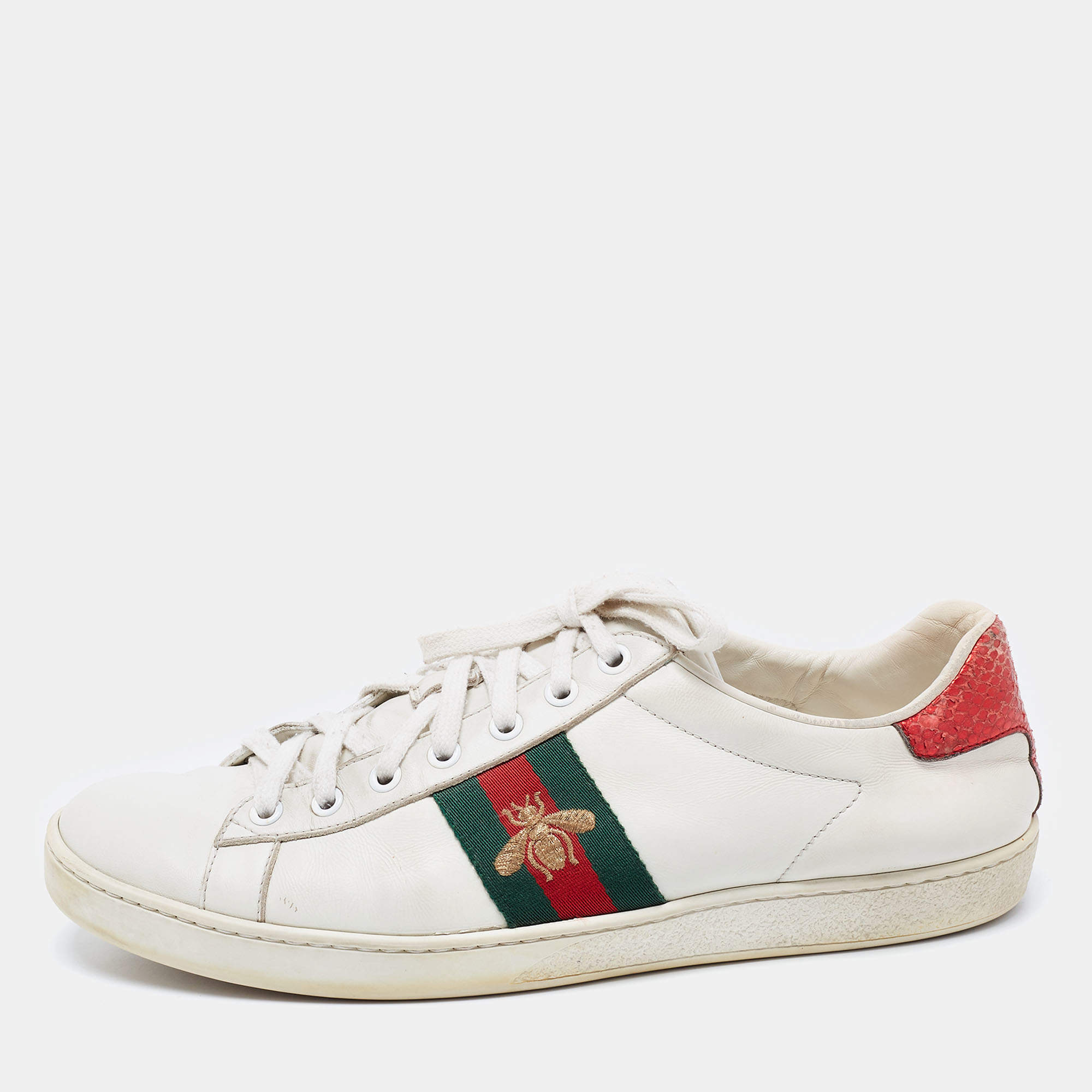 Pre Owned Gucci White Leather And Python Embossed Web Ace Sneakers Size 41