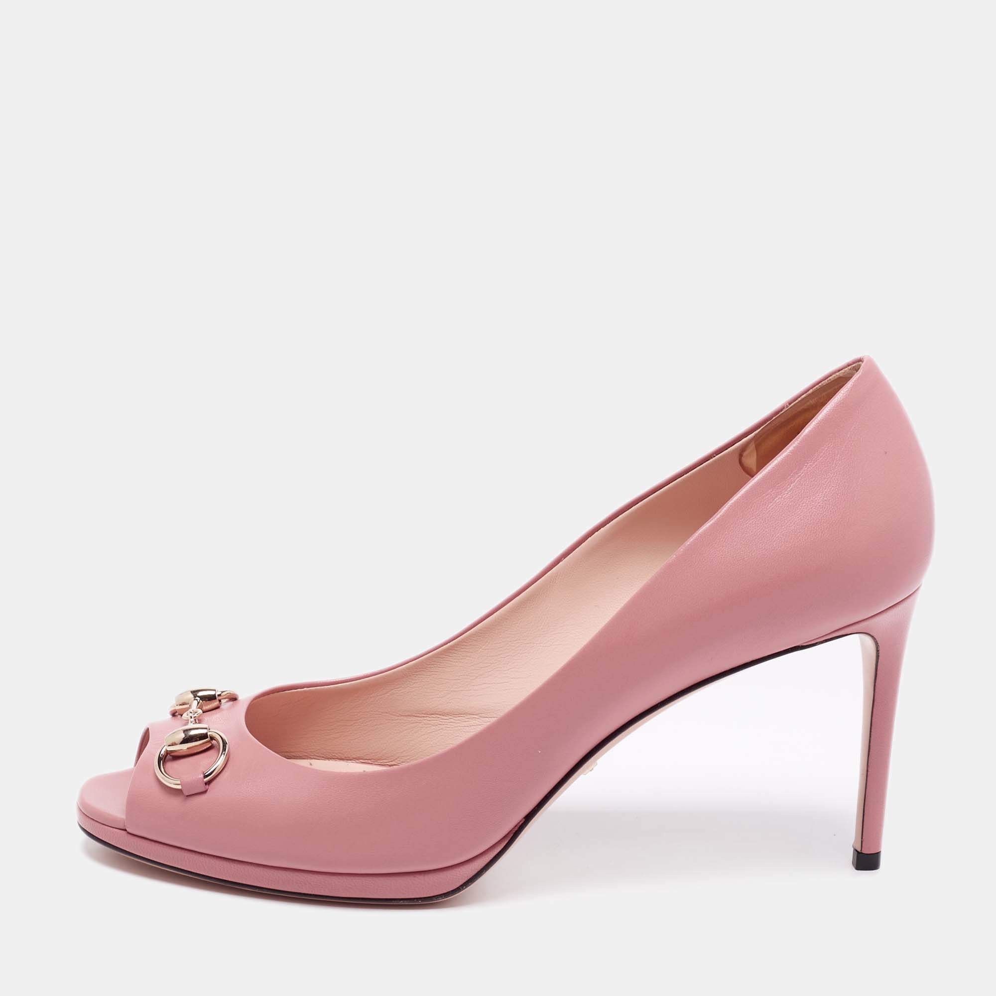 Gucci Pink Leather Horsebit Peep Toe Pumps Size 41