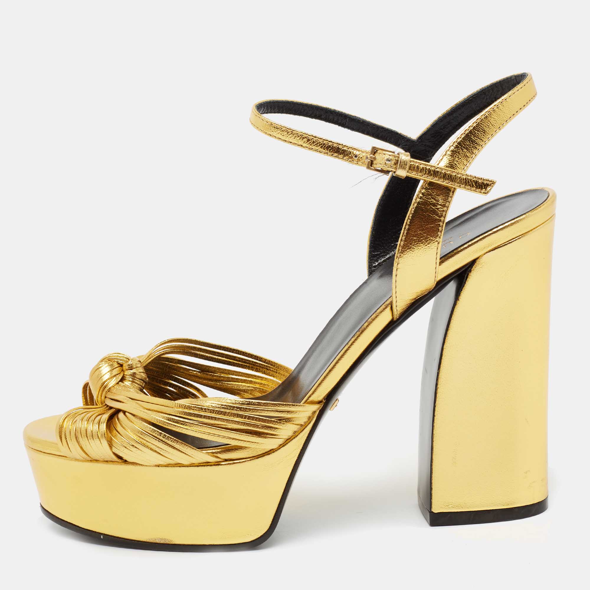 Pre Owned Gucci Gold Leather Allie Platform Sandals Size 37