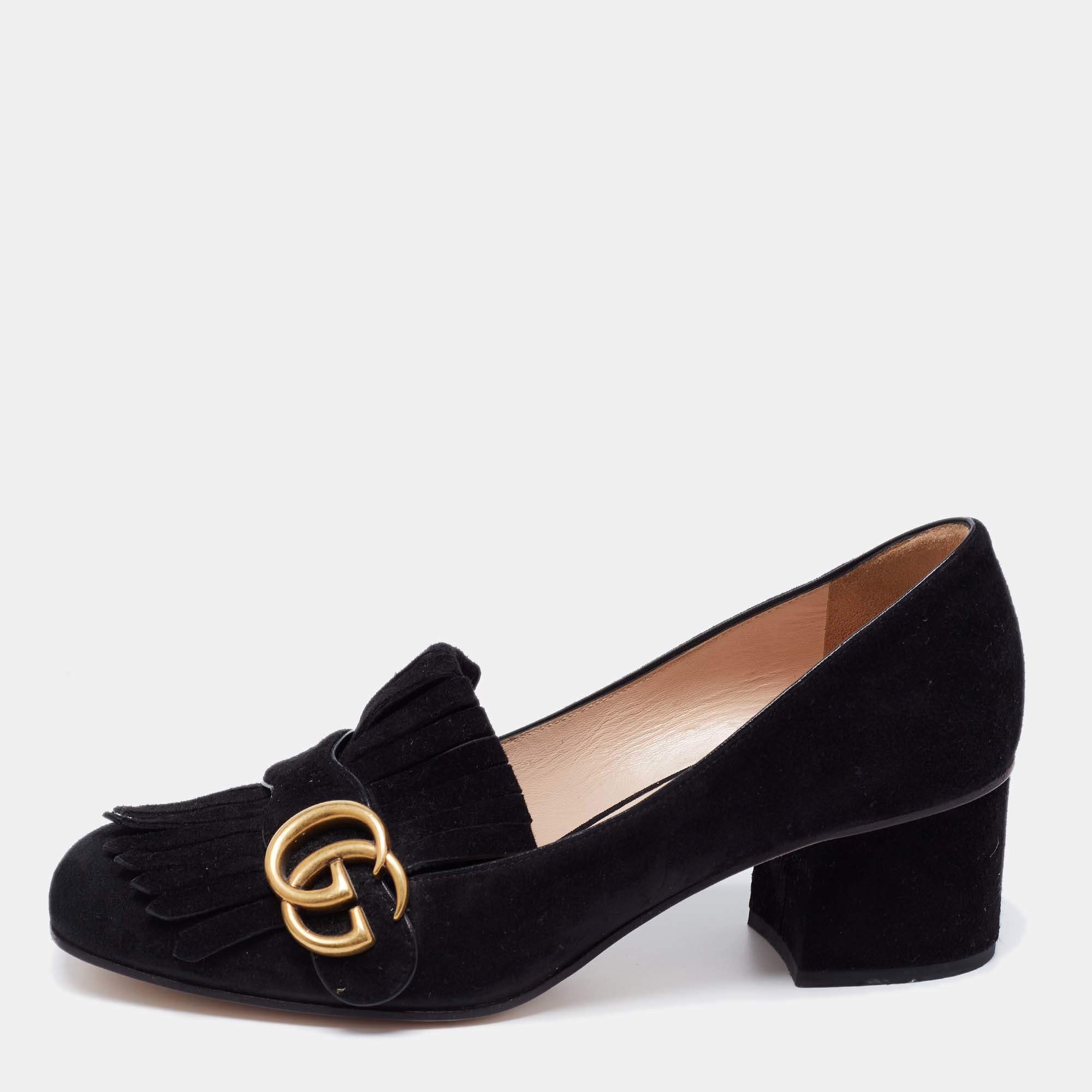 Pre Owned حذاء كعب عالي لوفرز غوتشي جي جي مارمونت سويدي أسود بشراشيب مقاس 37.5