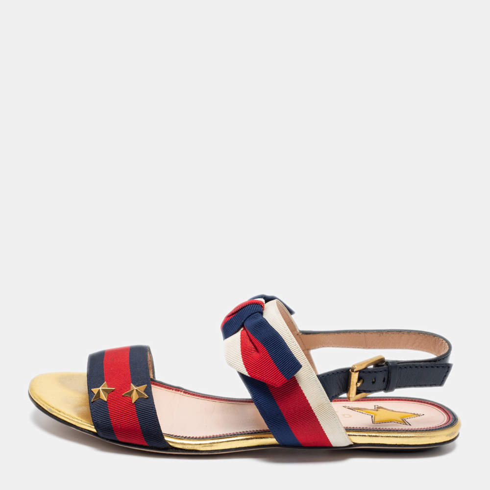 Gucci Red/Navy Blue Leather and Canvas Web Flat Slingback Sandals Size 37.5