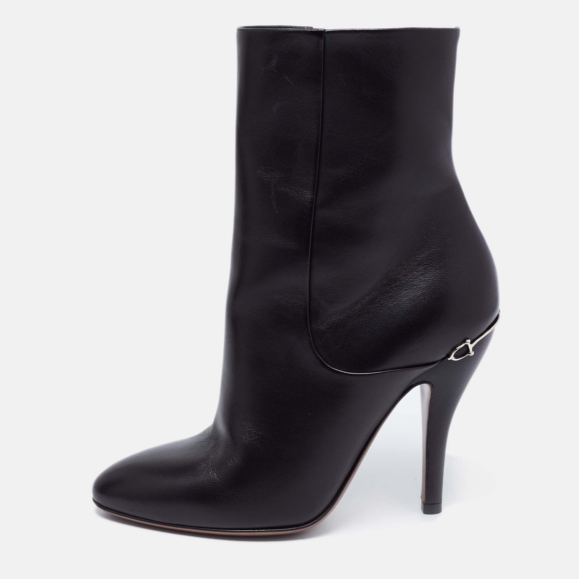 Pre Owned Gucci Black Leather Pointed Toe Ankle Boots Size 36.5