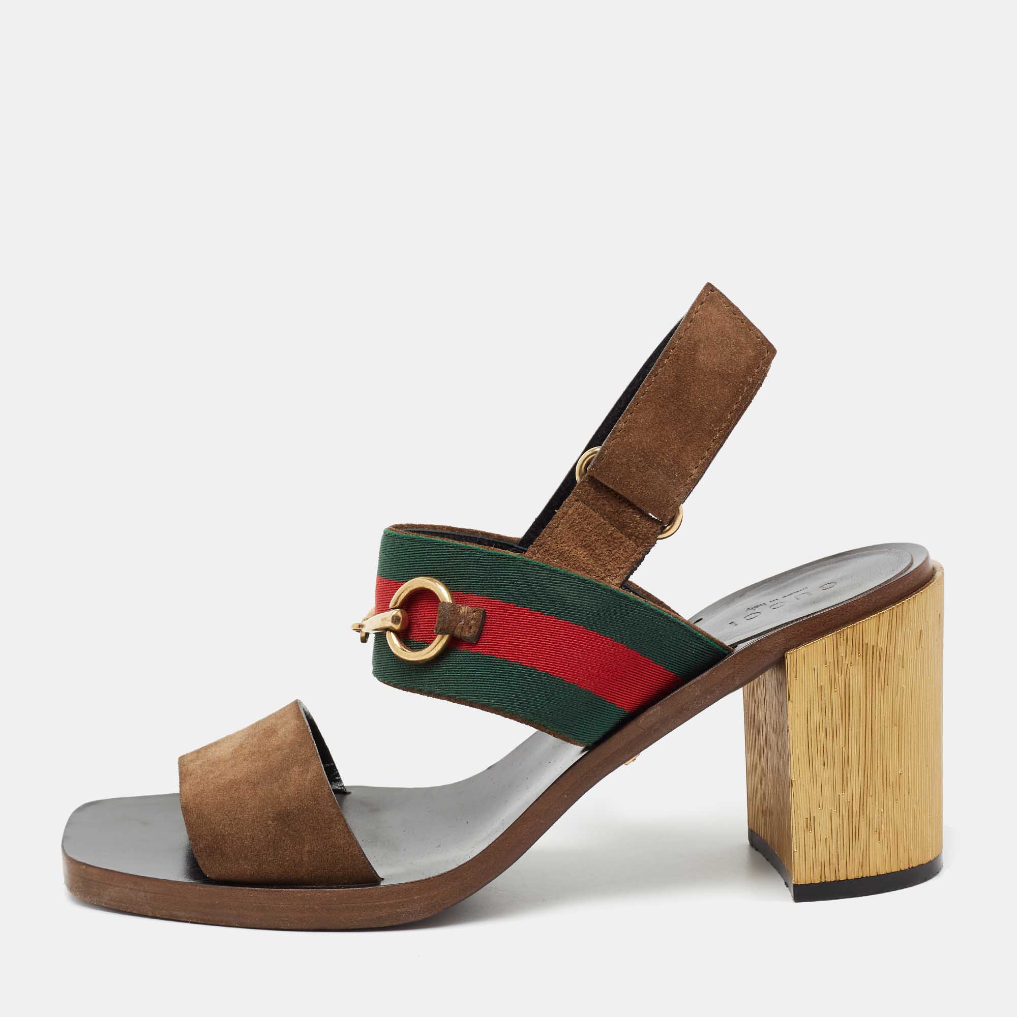 Gucci Brown Suede Web Horsebit Slingback Block Heel Sandals Size 38.5
