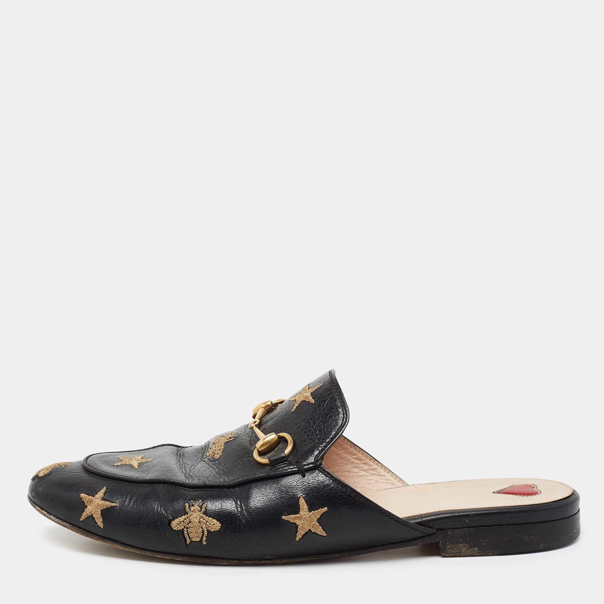 Pre Owned Gucci Black Leather Star and Bee Embroidered Princetown Mules Size 38.5
