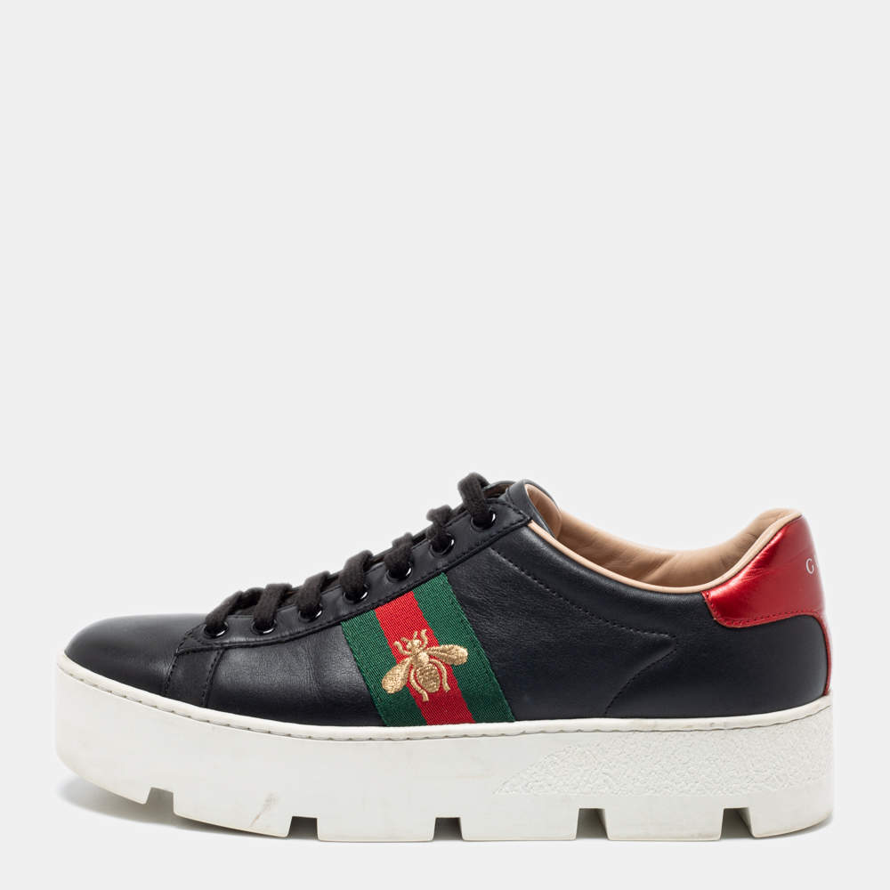 مملوكة مسبقًا حذاء رياضي غوتشي بي أيس مطرز جلد أسود نعل سميك مقاس 39