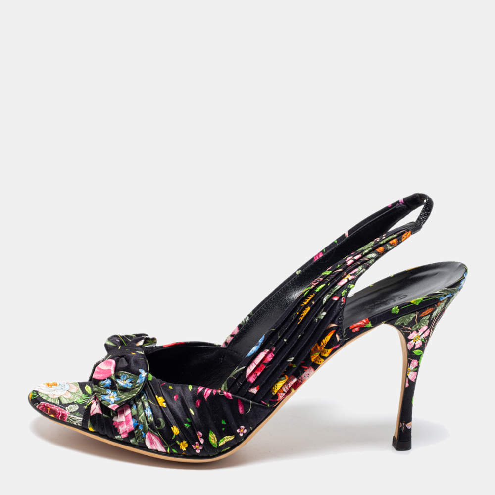 Pre Owned Gucci Black Floral Print Satin Bow Open-Toe Slingback Pumps Size 41