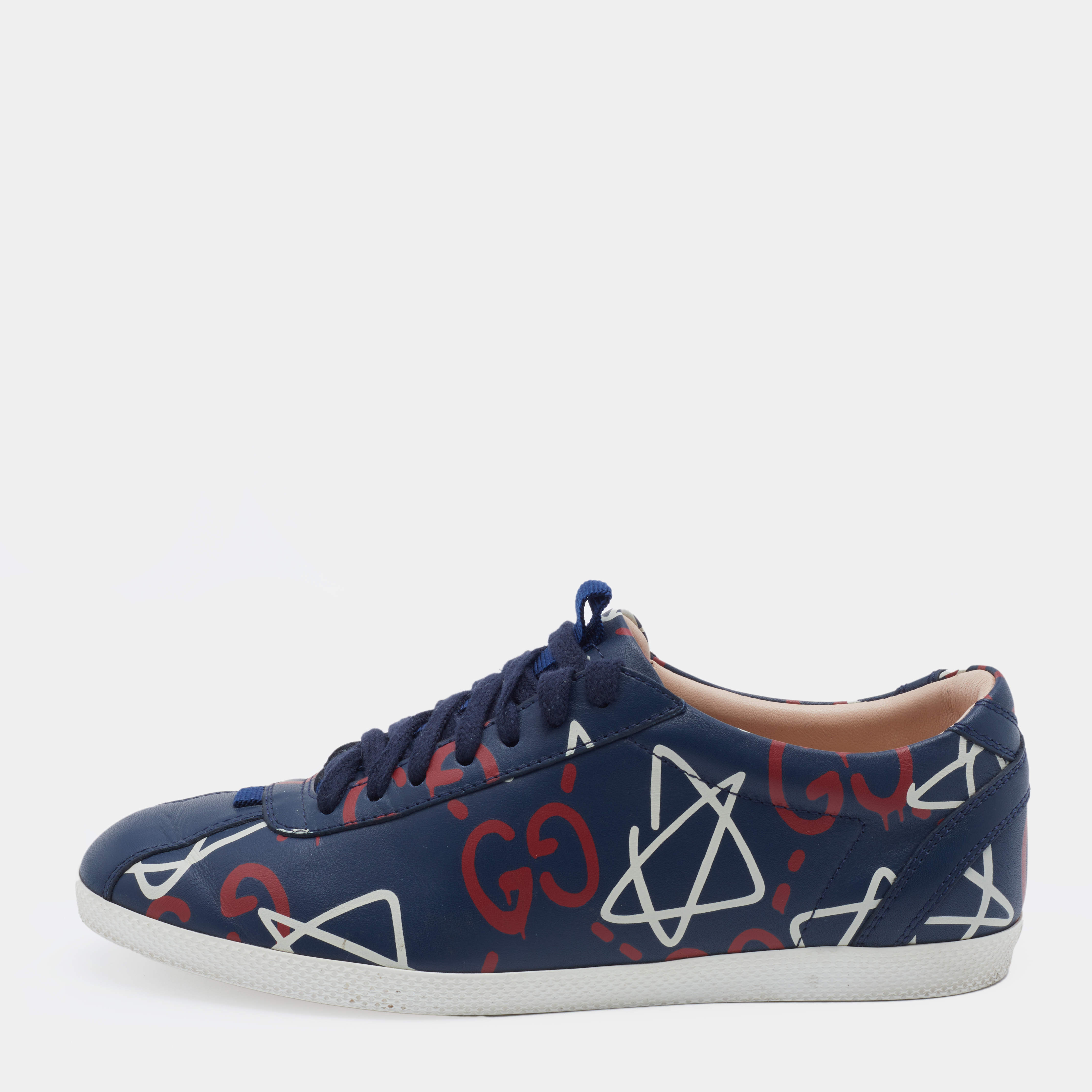 Pre Owned Gucci Blue Leather Ghost Lace Up Low Top Sneakers Size 36.5