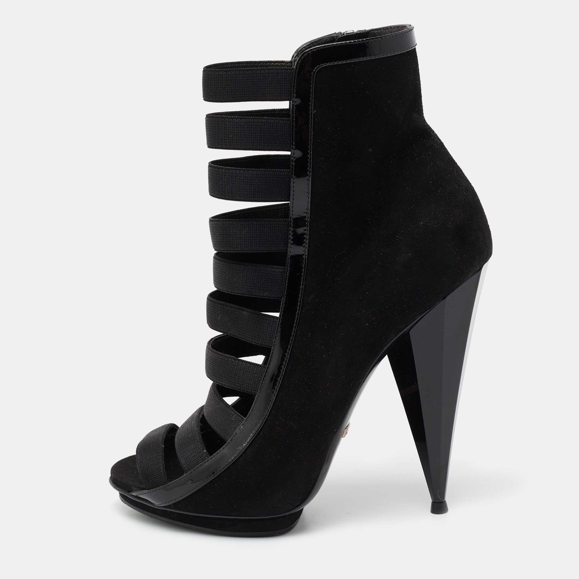 Pre Owned Gucci Black Patent And Suede Olimpia Strappy Ankle  Boot Size 39 