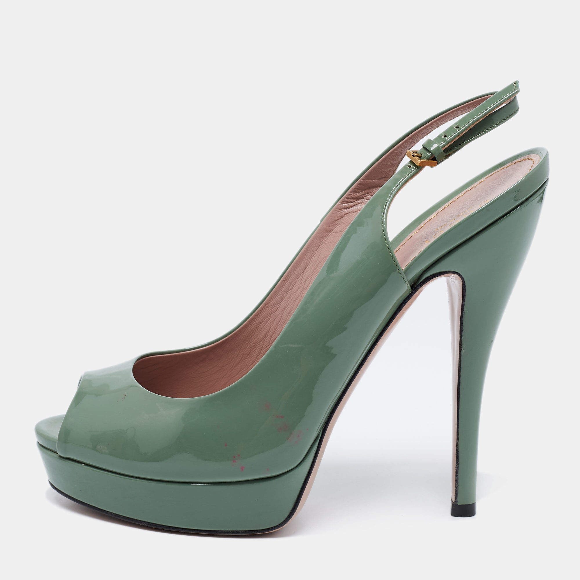 Pre Owned Gucci Green Patent Leather Peep Toe Platform Slingback Pumps Size 39