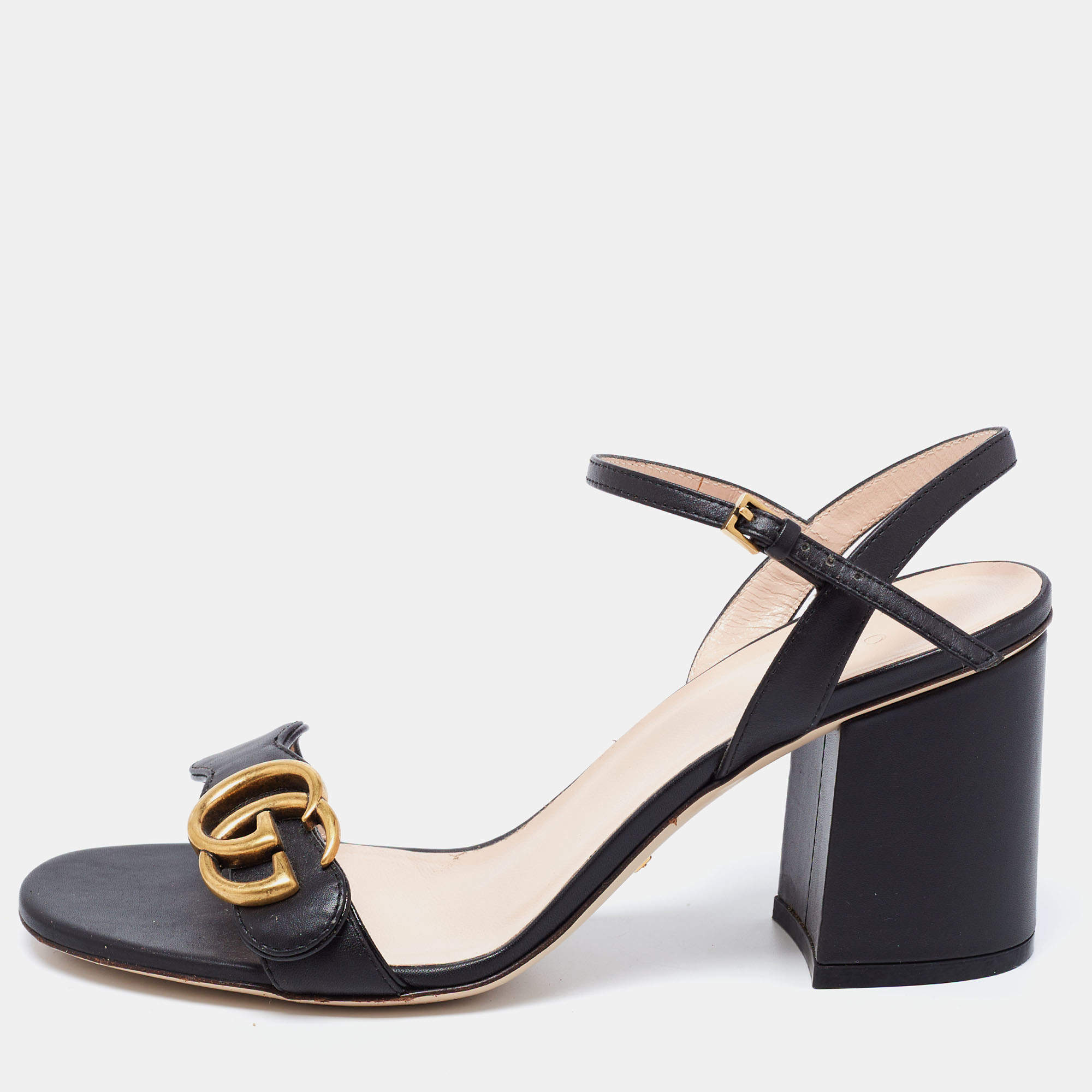 Gucci Black Leather GG Marmont Block Heel Ankle Strap