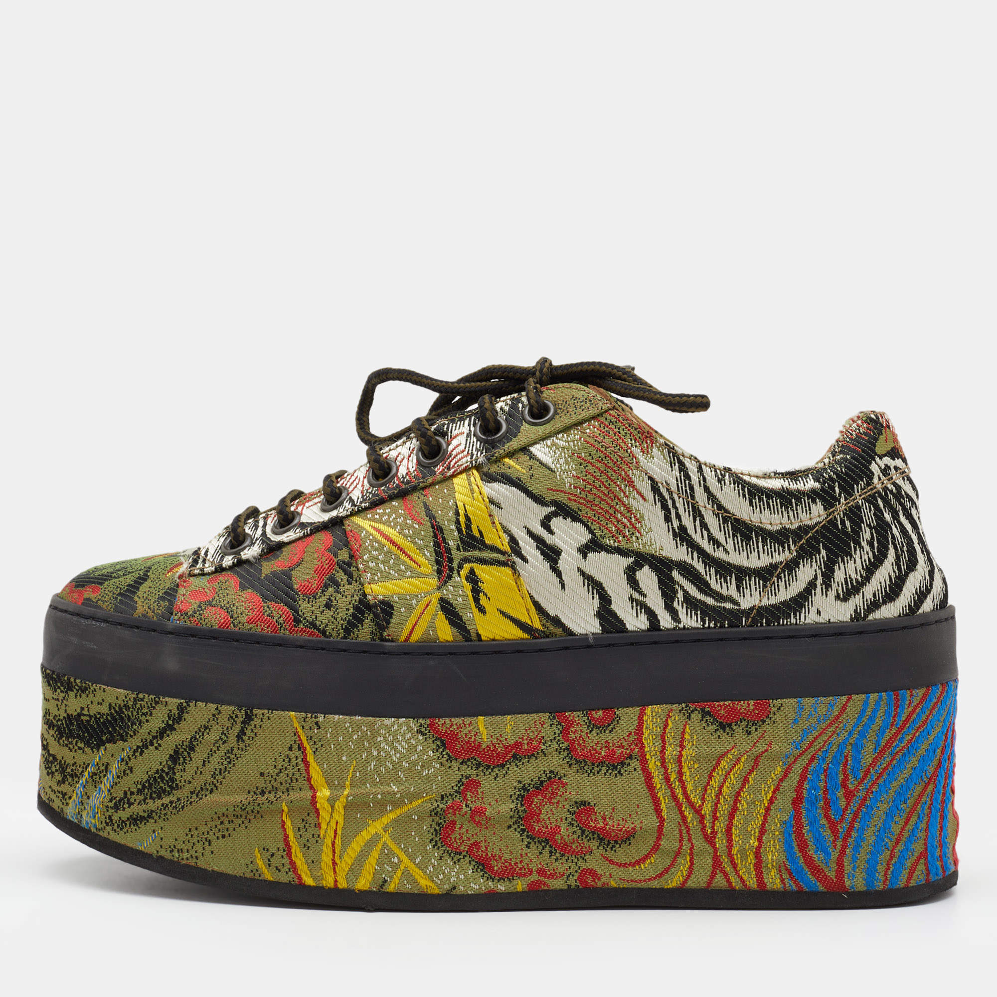 Gucci Multicolor Jacquard Peggy Wedge Platform Sneakers Size 37.5