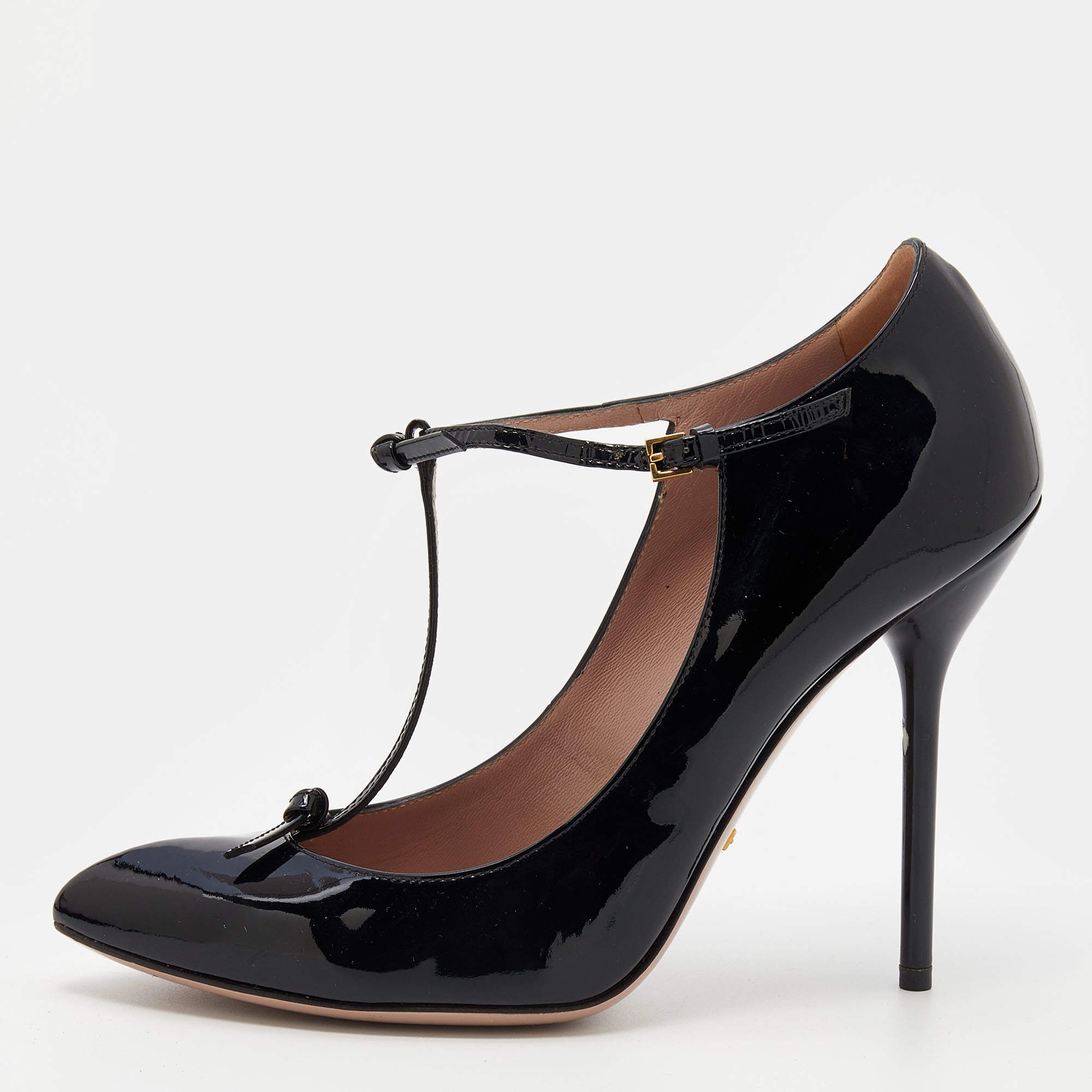 Pre Owned Gucci Black Patent Leather Beverly T-Strap Pumps Size 38