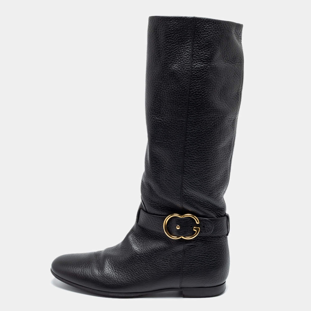 Pre Owned Gucci Black Leather Sachalin Interlocking Double G Riding Boots Size 37.5 