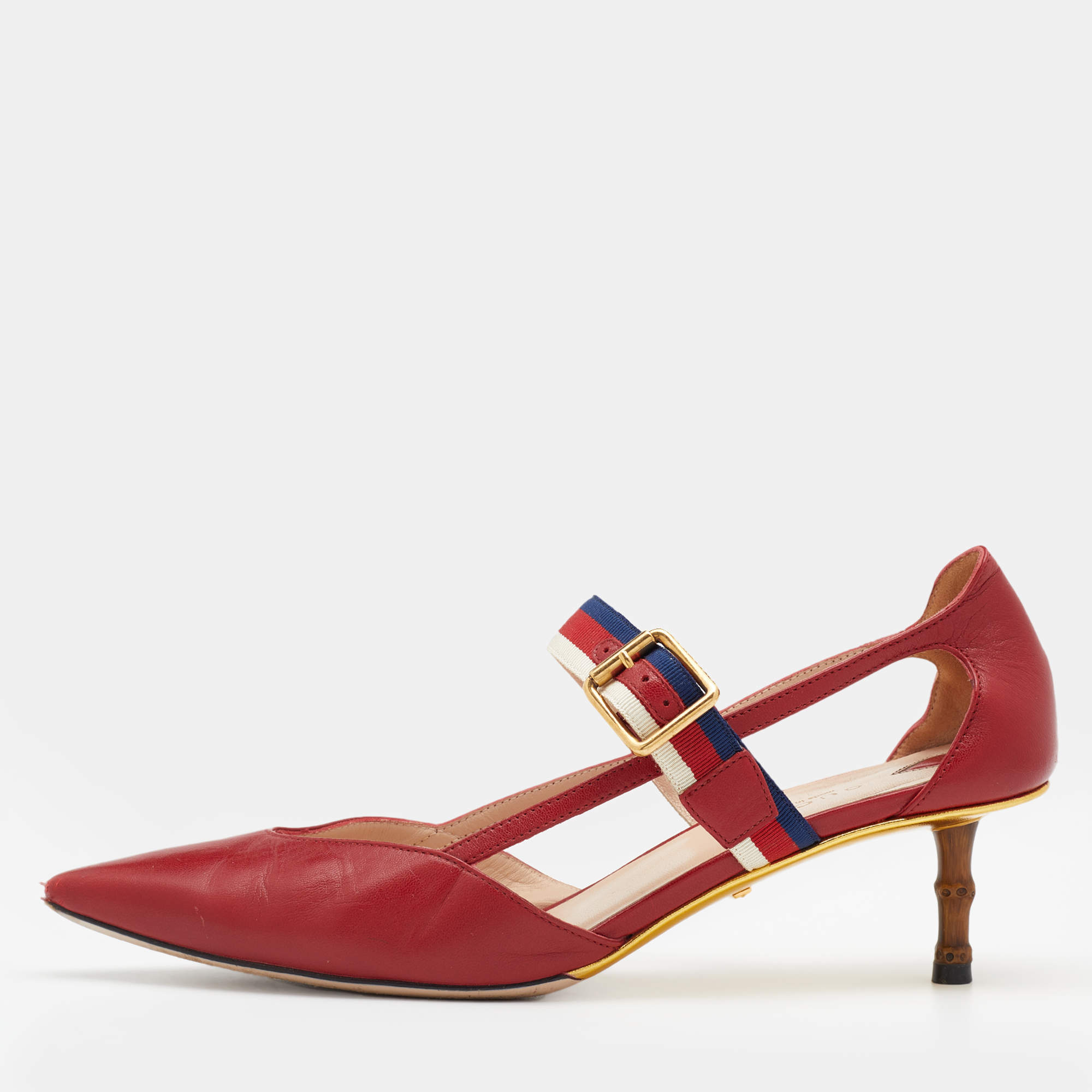 Pre Owned Gucci Red Leather Sylvie Web Strap Bamboo Heel Unia Pumps Size 39