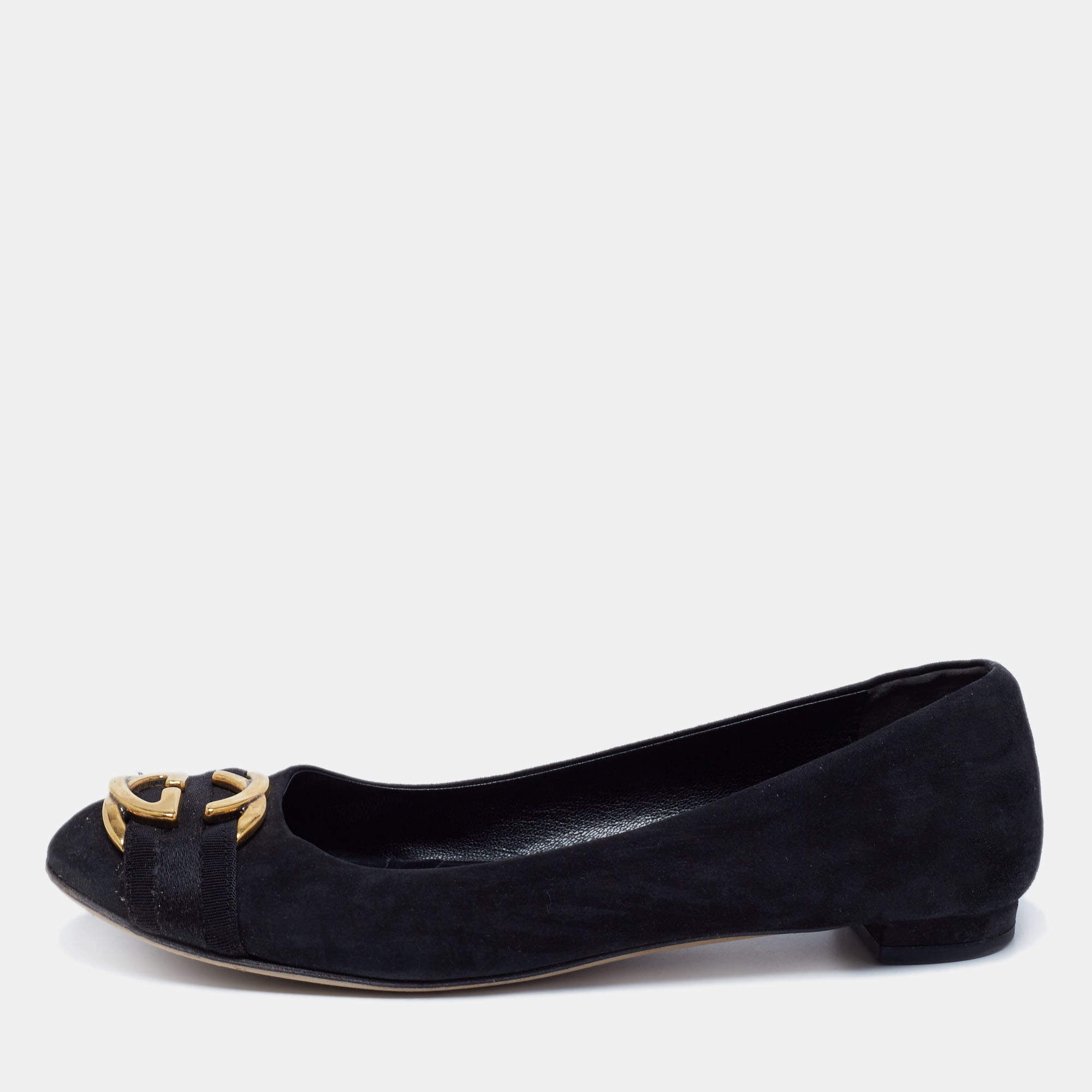 مملوكة مسبقًا Gucci Black Suede Interlocking G Buckle Ballet Flats Size 39.5