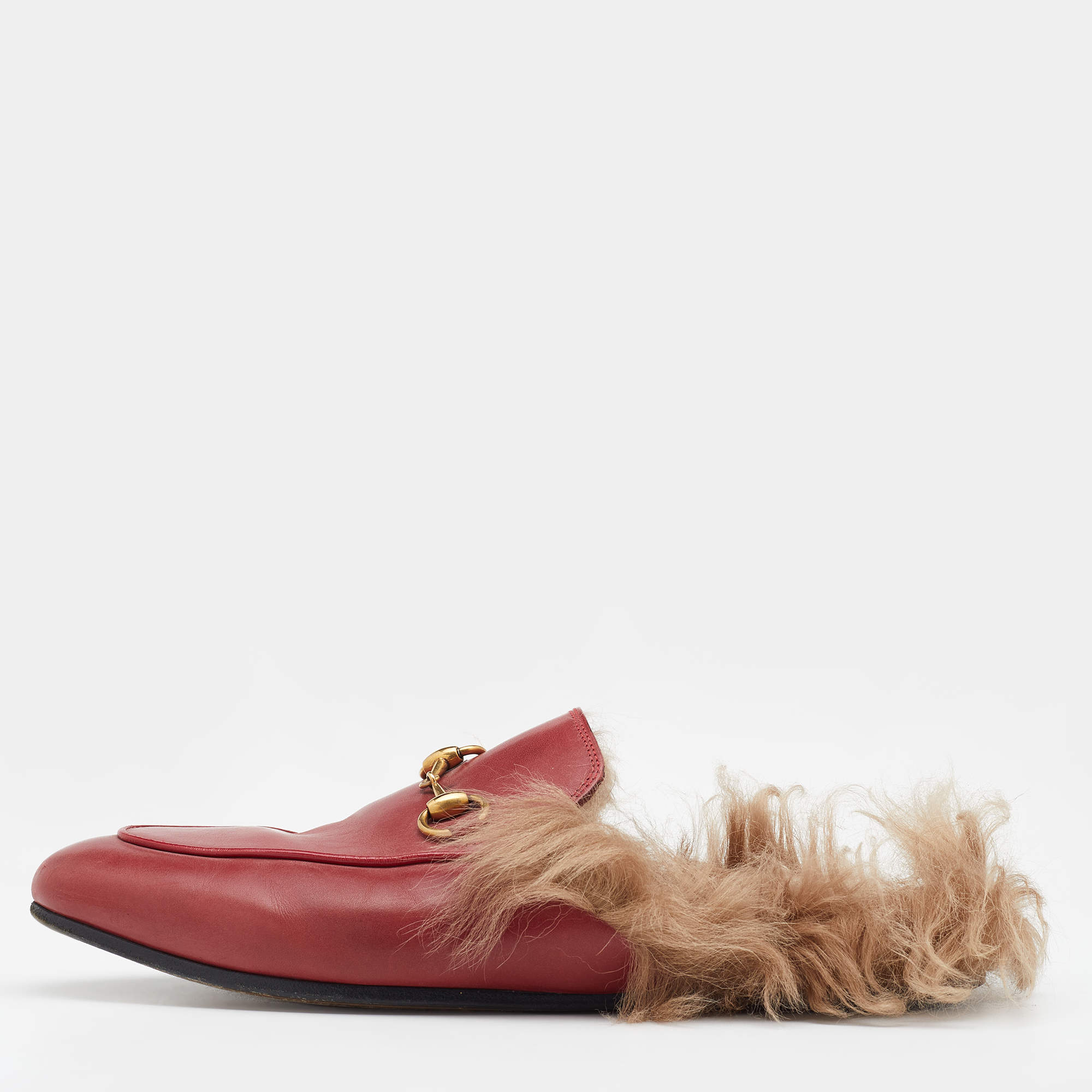 Gucci Red Leather Princetown Horsebit Fur Lined Flat Mules Size 36.5