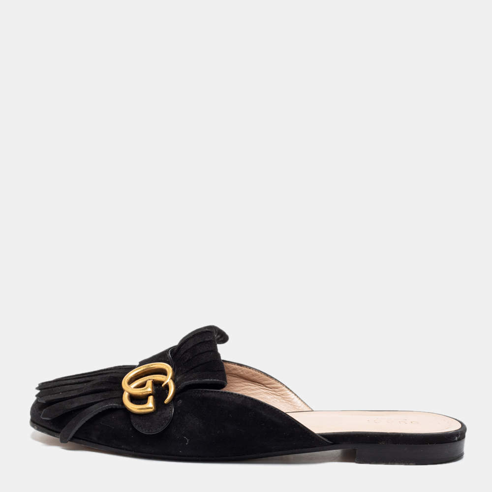 Pre Owned Gucci Black Suede GG Marmont Kiltie Mules Size 38.5