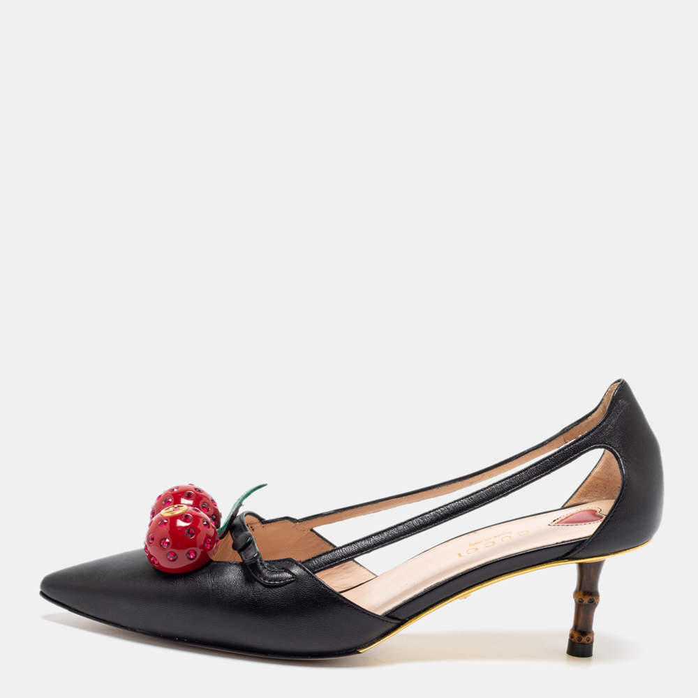 مملوكة مسبقًا Gucci Black Leather Unia Cherry Bamboo Heel Pointed Toe Pump Size 36