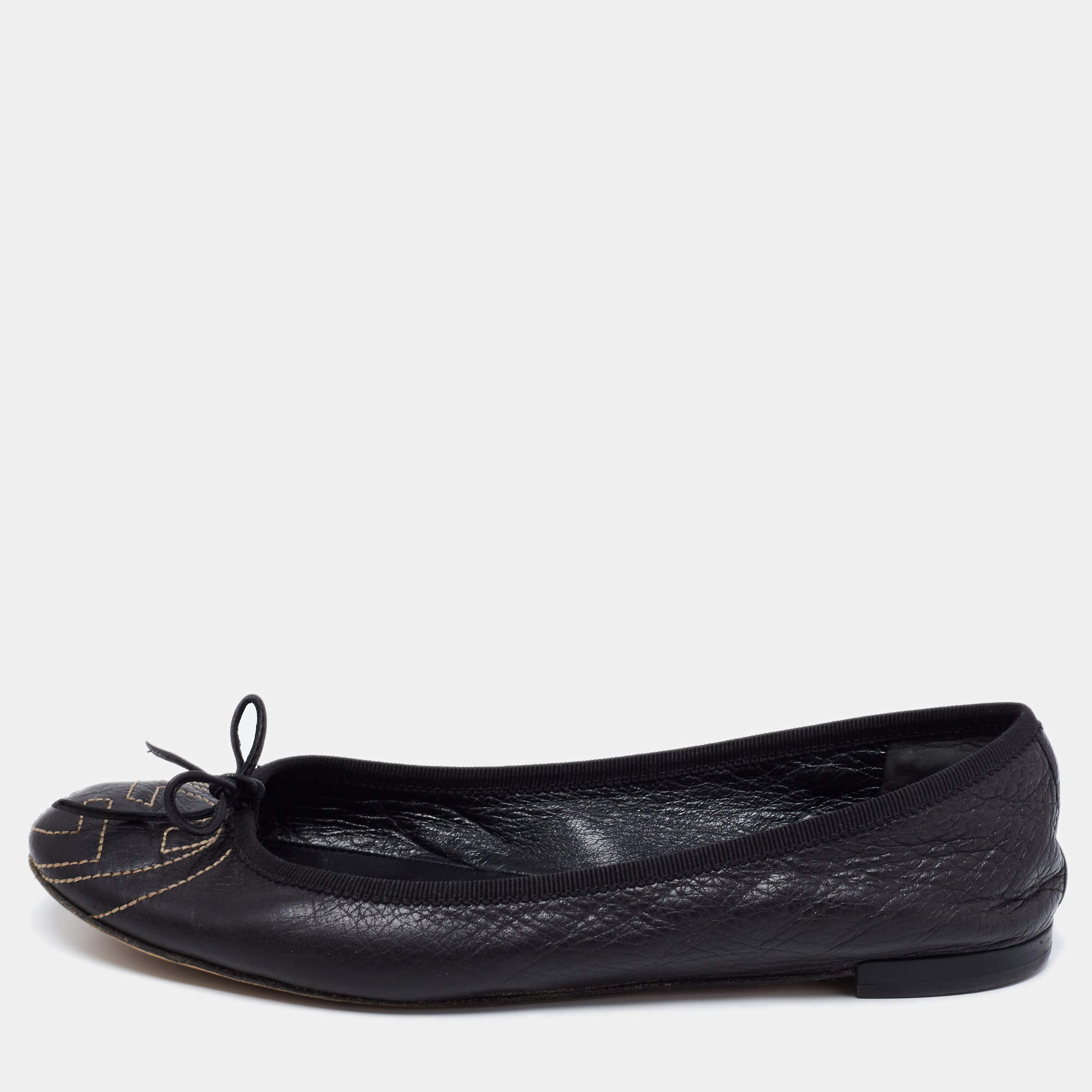 Pre Owned Gucci Black Leather GG Interlocking Bow Ballet Flats Size 38