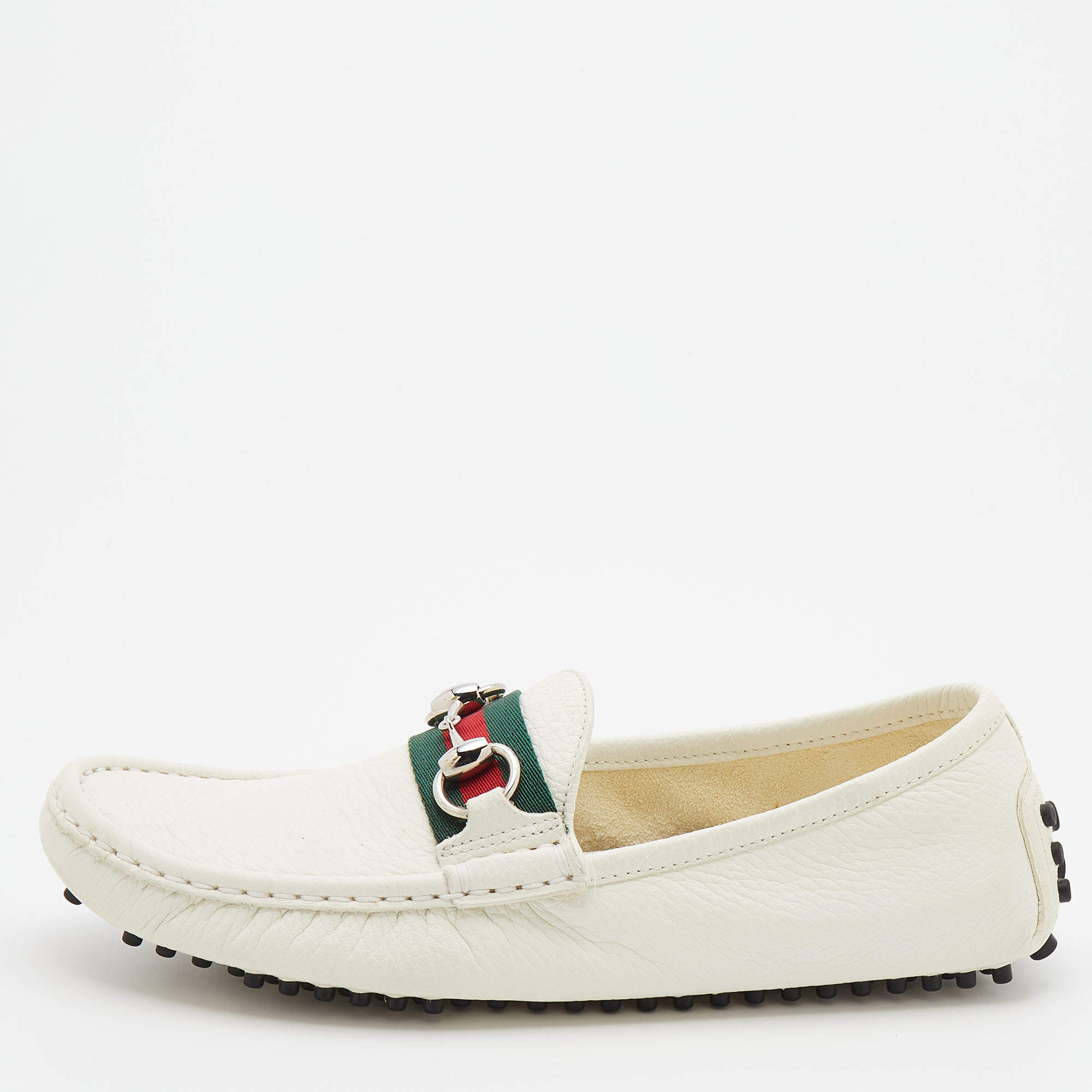 Pre Owned Gucci White Leather Web Horsebit Slip On Loafers Size 36.5