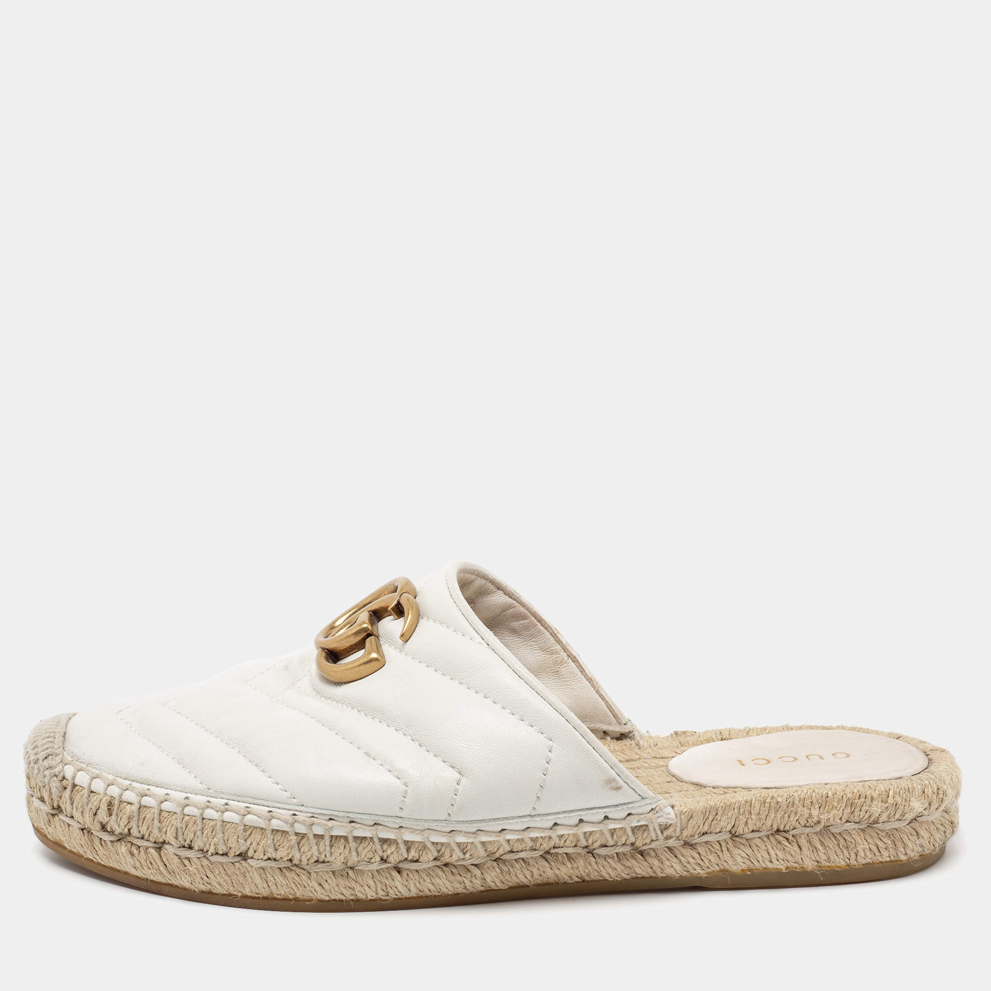 Gucci White Leather GG Marmont Espadrilles Mules Size 35.5