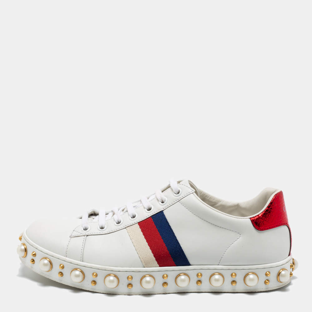 Gucci White Leather Faux Pearl Embellished Platform New Ace Low-Top Sneakers Size 38.5