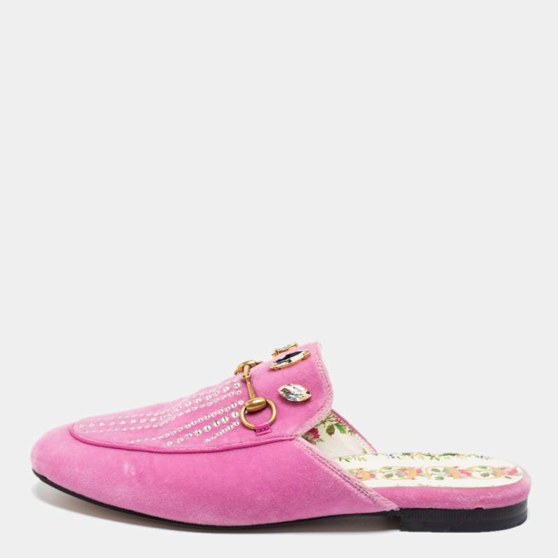 مملوكة مسبقًا حذاء مولز غوتشي فلات برنستاون قطيفة وردي فاتح مرصع كريستال مقاس 38.5