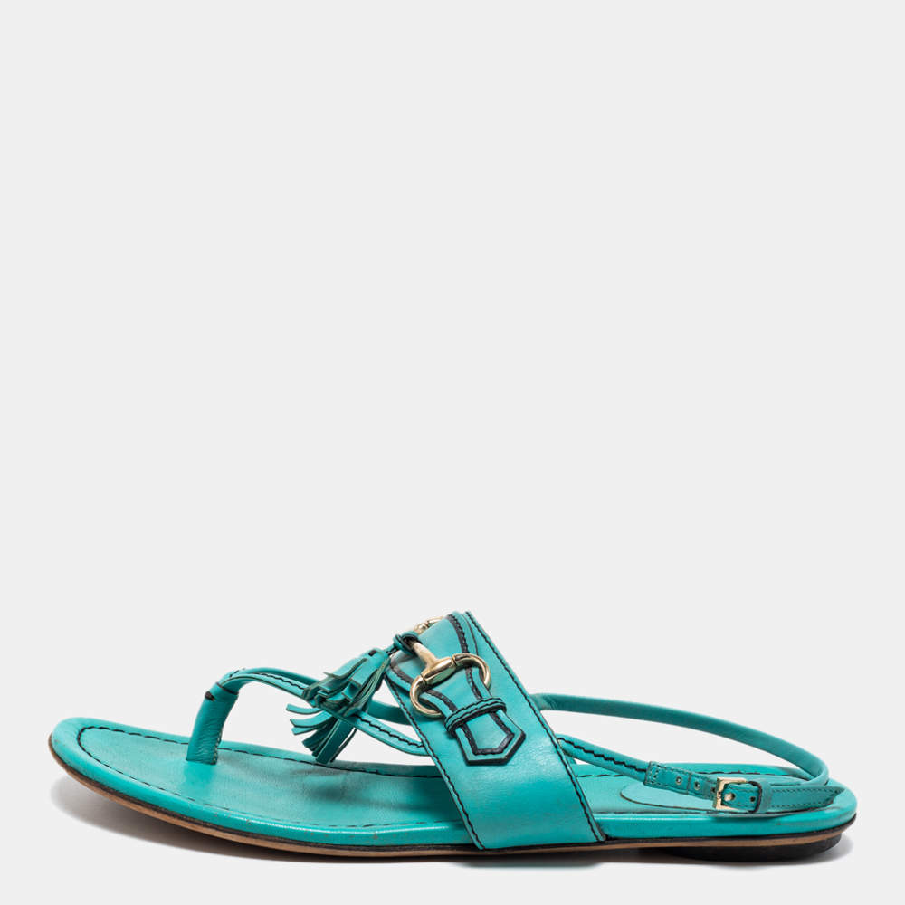 Pre Owned Gucci Turquoise Leather Tassel Horsebit Flat Thong Sandals Size 38