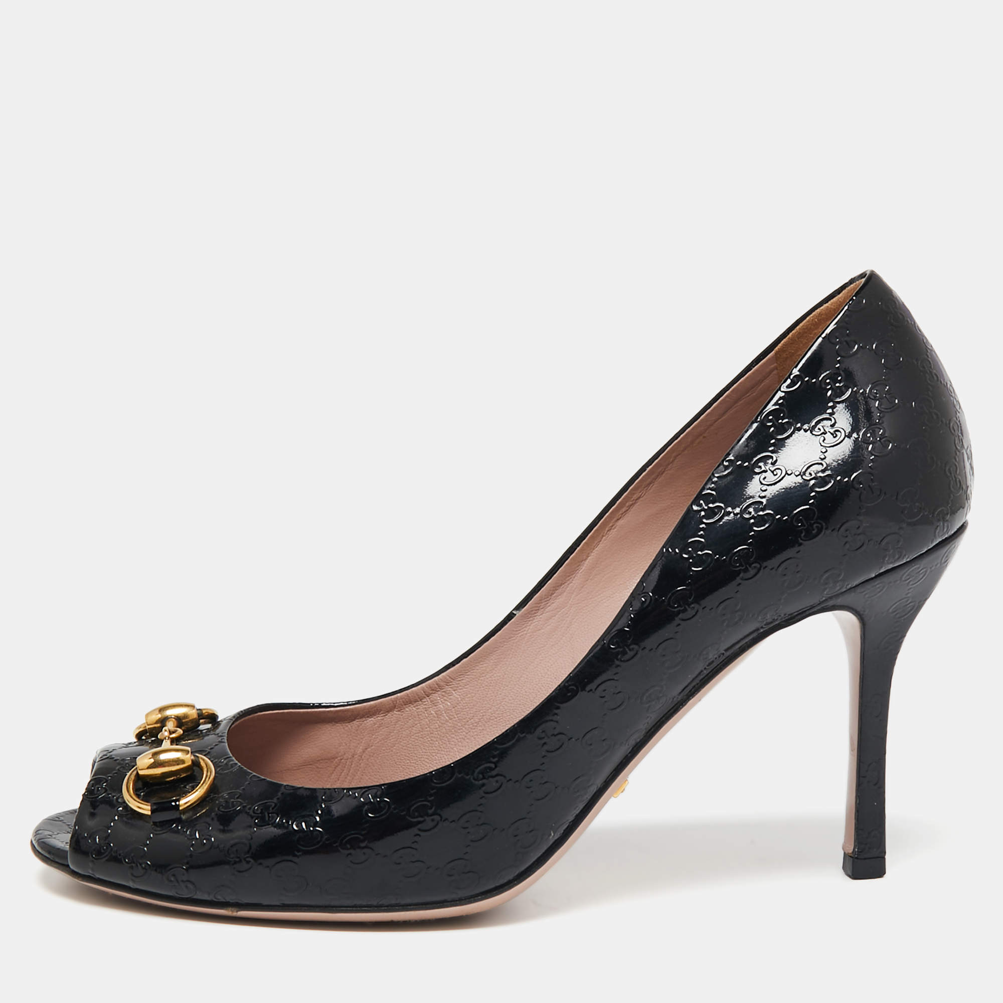 Pre Owned حذاء كعب عالي غوتشي هورسبيت جلد لامع ميكروغوتشيسيما أسود مقدمة مفتوحة مقاس 38.5