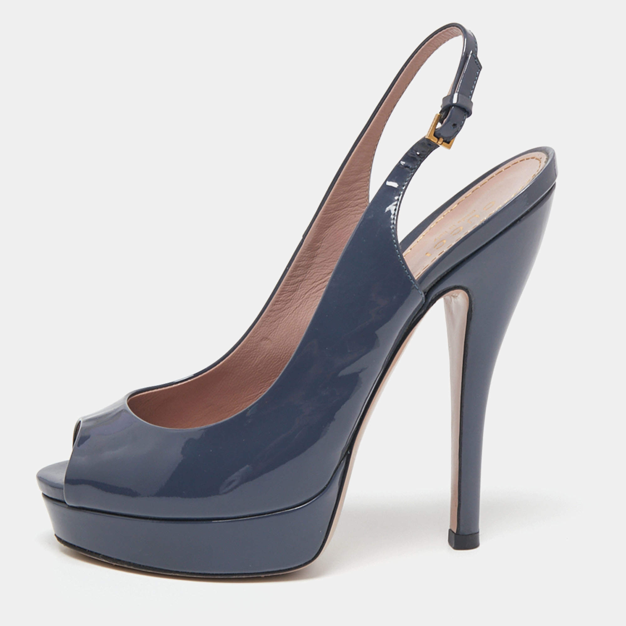 Gucci Slate Grey Patent Leather Peep-Toe Platform Slingback Sandals Size 35.5