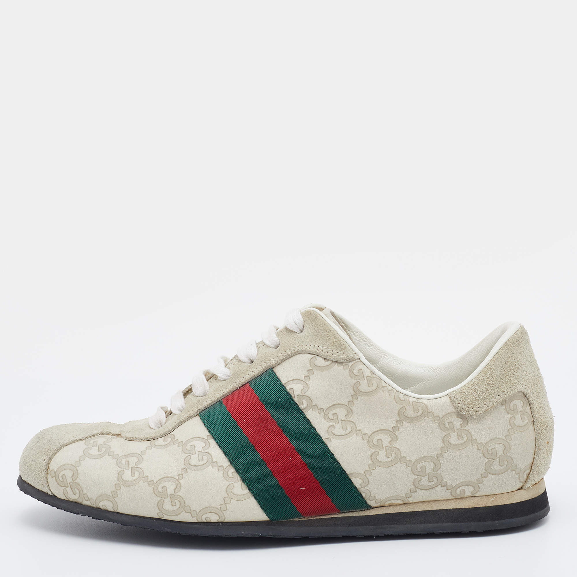 Gucci Off-White Guccissima Leather And Suede Web Low Top Sneakers Size 36