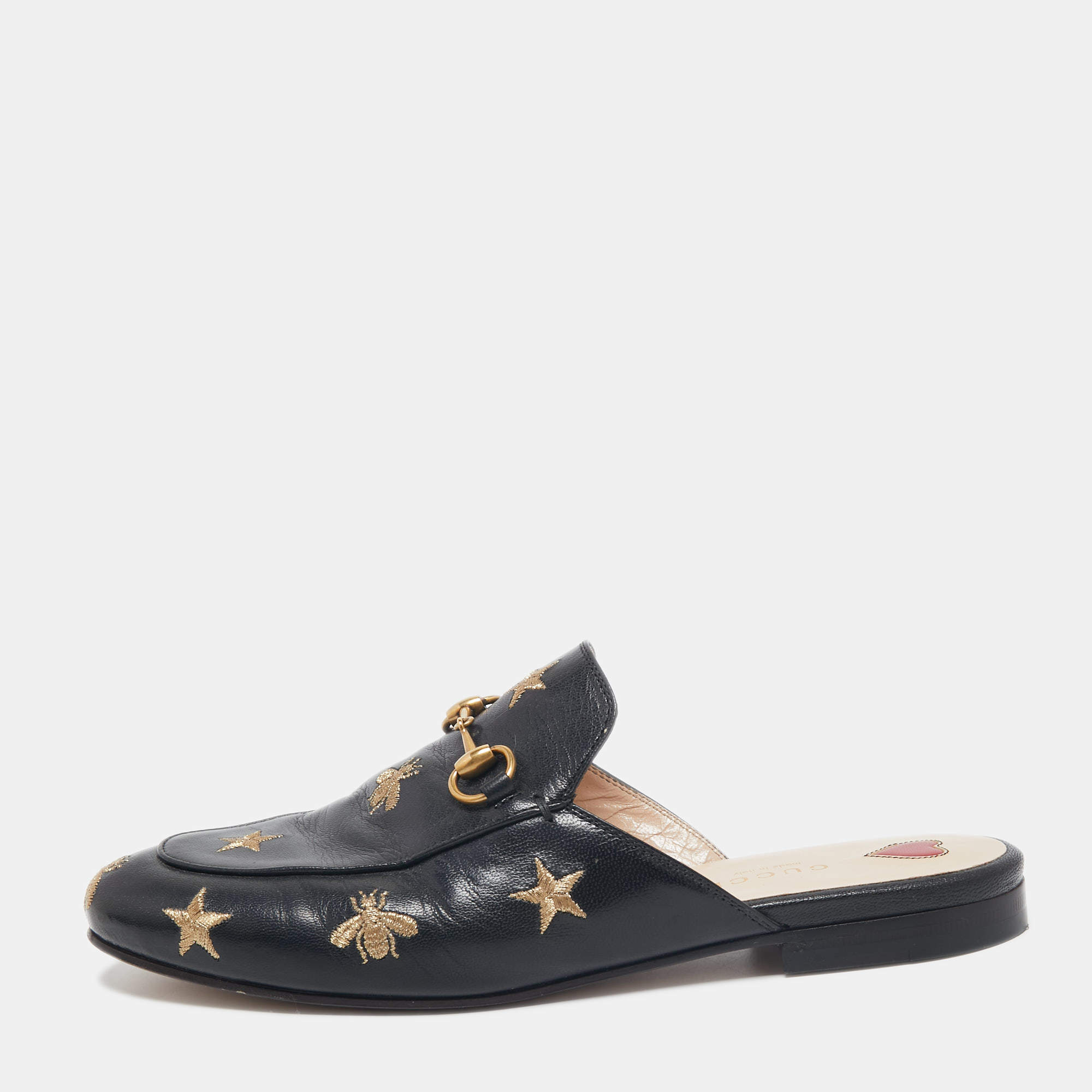 Pre Owned Gucci Black Leather Bee and Star Embroidered Princetown Flat Mules Size 37