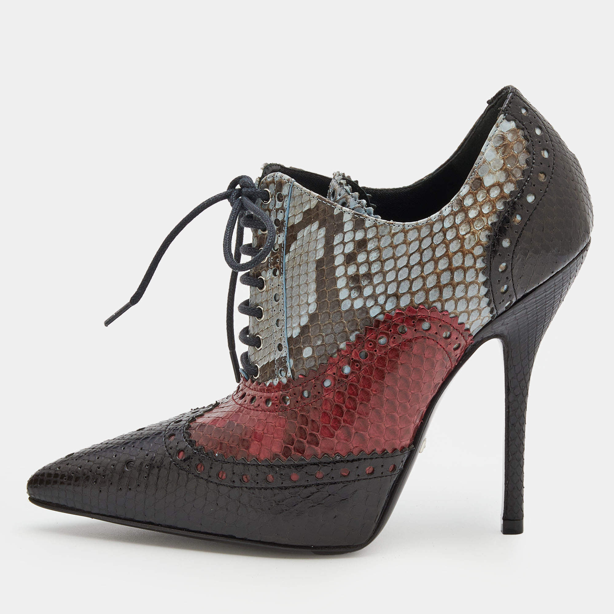 Gucci Tricolor Brogue Python Leather Gia Pointed Toe Lace Up Ankle Booties Size 35