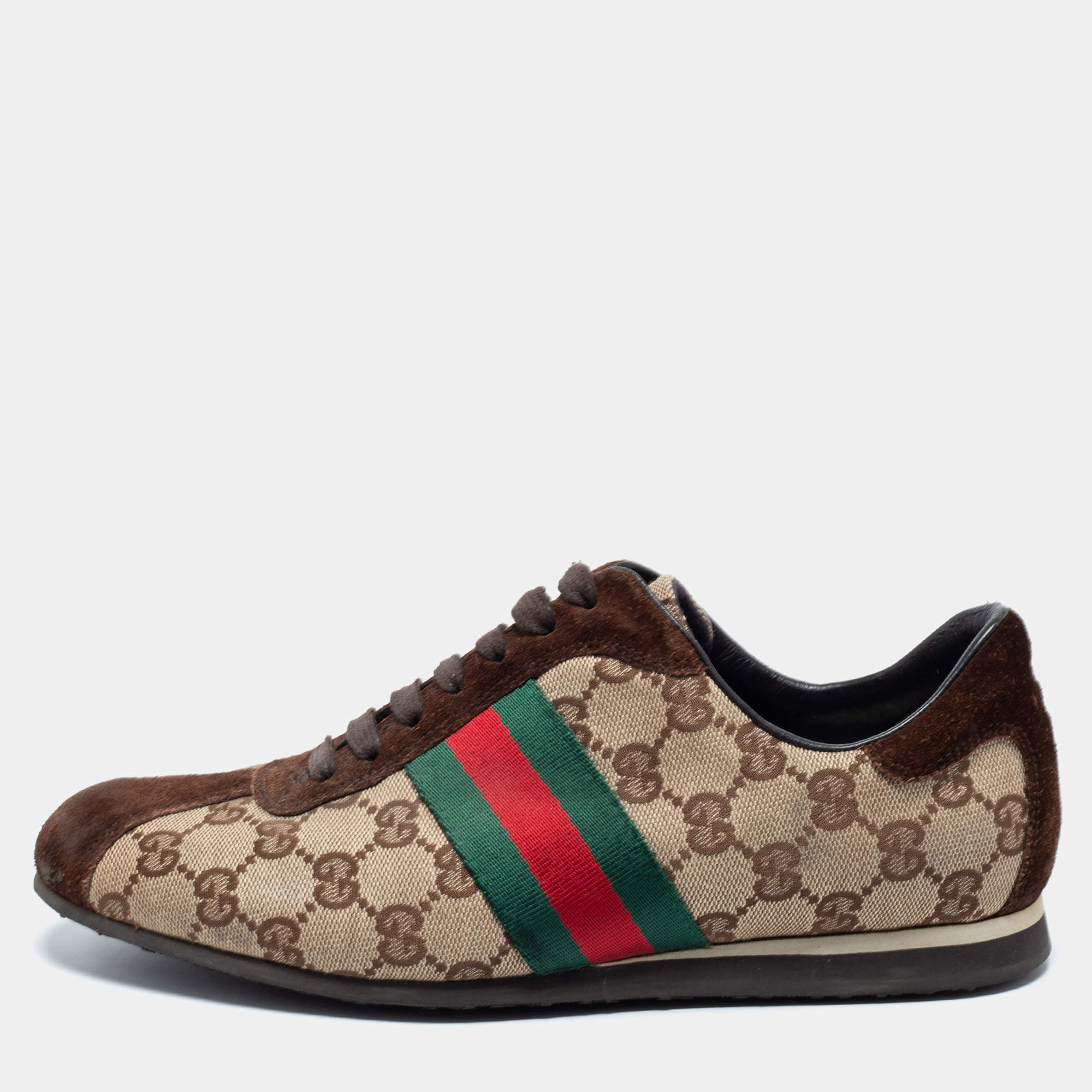 مملوكة مسبقًا Gucci Beige/Brown GG Canvas and Suede Web Low Top Sneakers Size 37.5