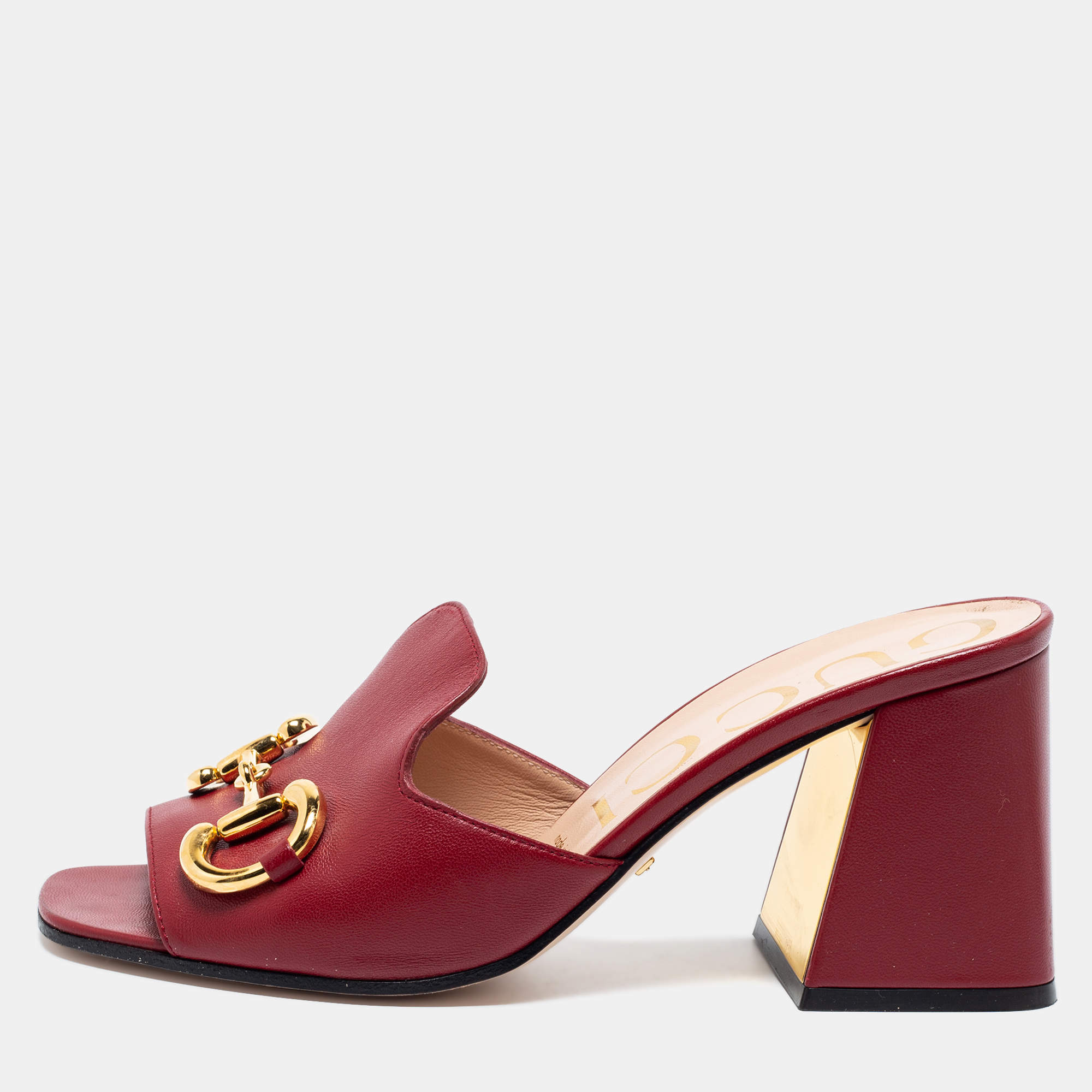 Pre Owned Gucci Burgundy Leather Horsebit  Slide Sandals Size 38